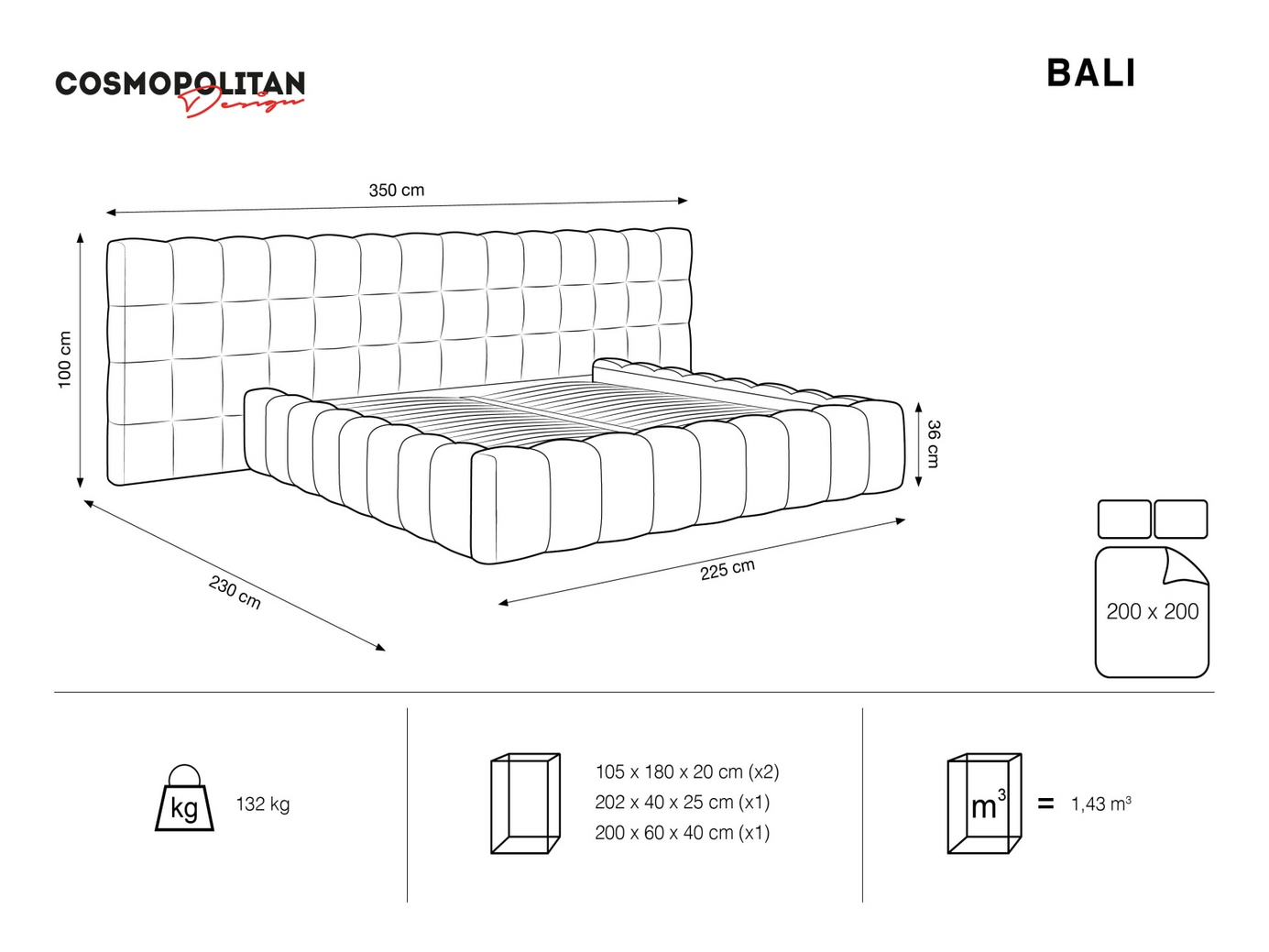 Cosmopolitan Design velourseng med opbevaring og dobbelt sengegavl, "Bali", 350 × 230 × 100 cm, Bluvel, sorte plastben