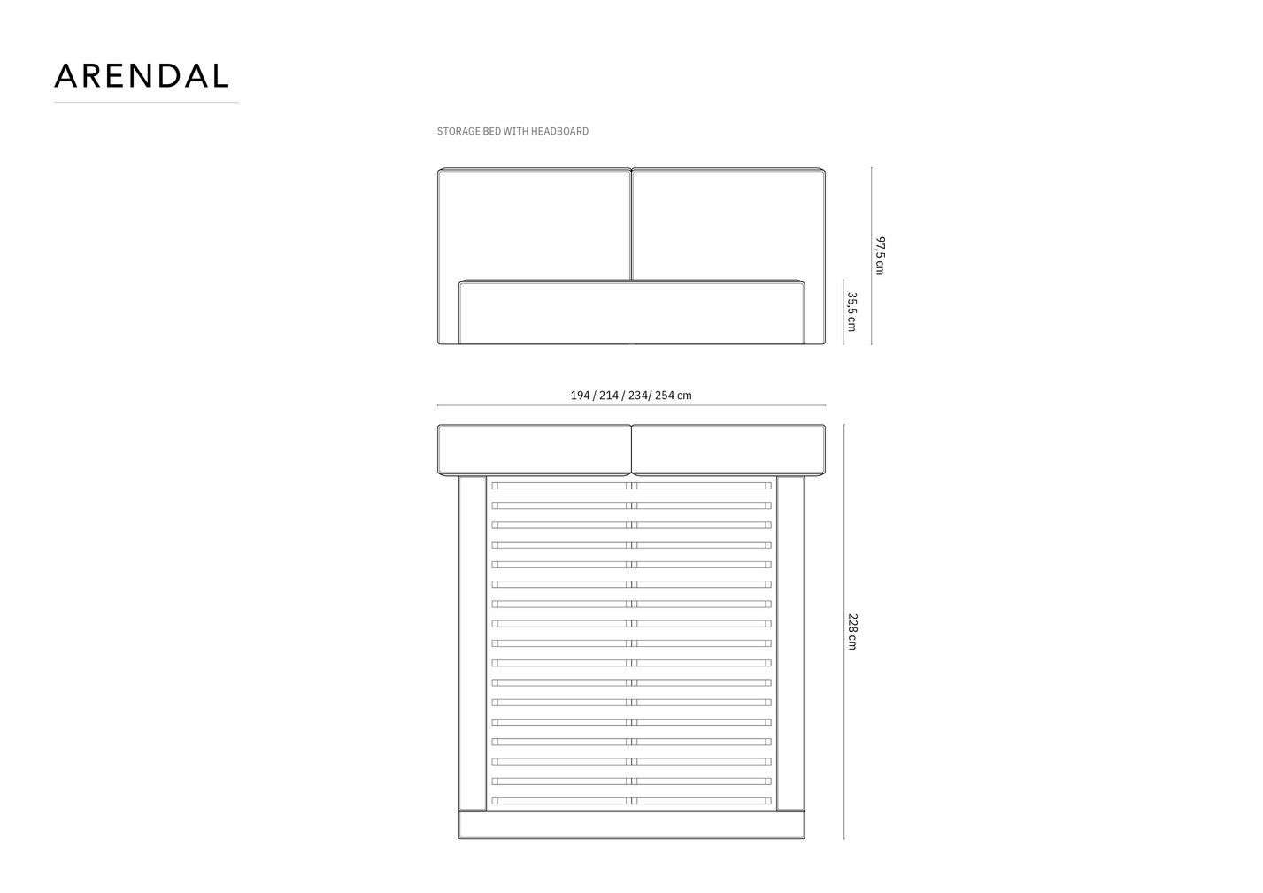 Cosmopolitan Design seng med opbevaring og dobbelt sengegavl, "Arendal", 251 × 228 × 97,5 cm, Megan, sorte plastben