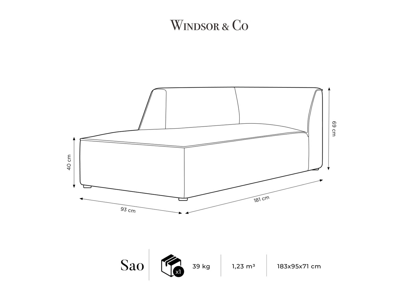 Cosmopolitan Design venstrevendt chaiselong, "Siena", 1-personers, 93 × 181 × 69 cm, Scala, sorte plastben