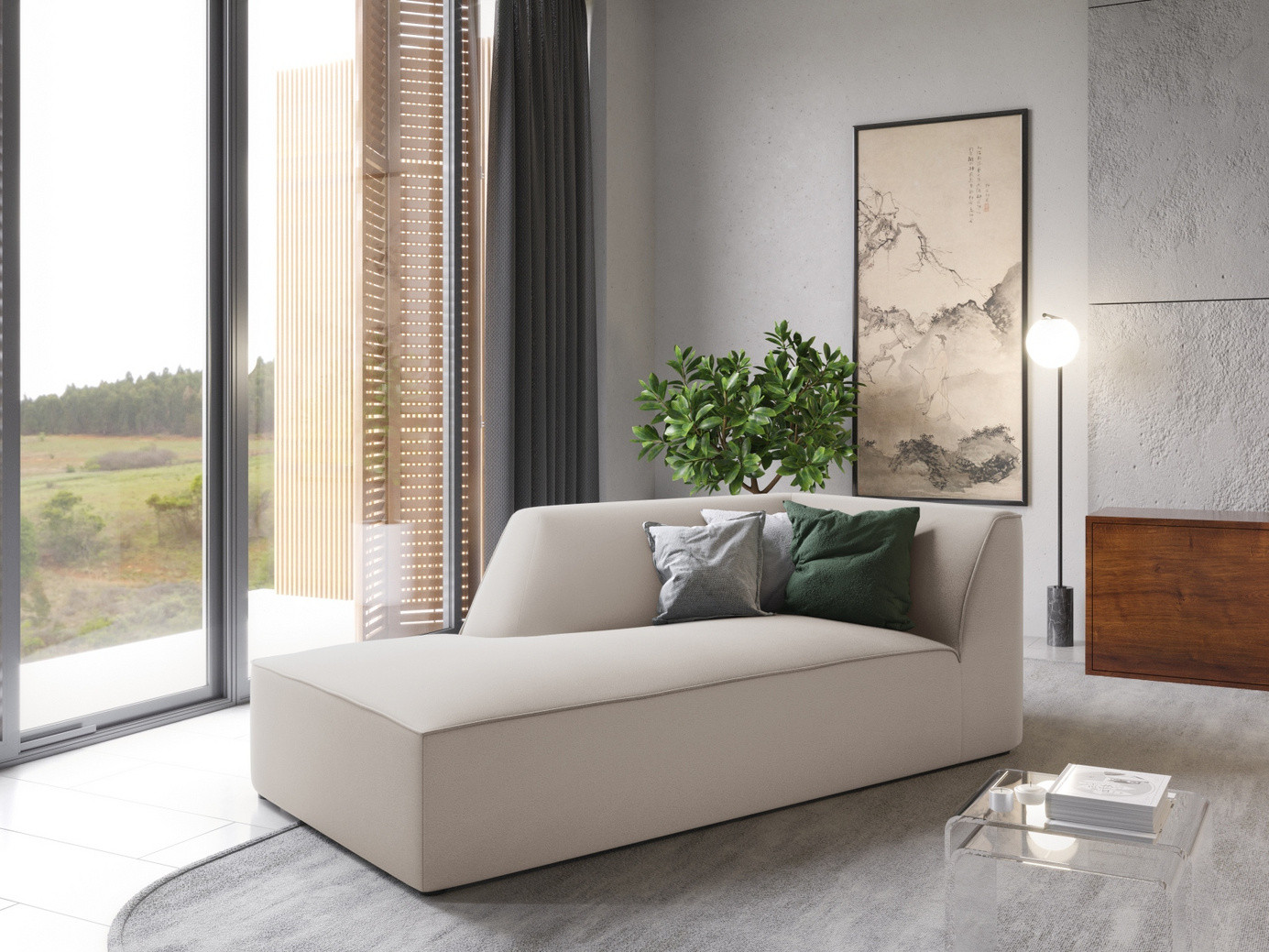 Cosmopolitan Design venstrevendt velourchaiselong, "Siena", 1-personers, 93 × 181 × 69 cm, Salvador, sorte plastben