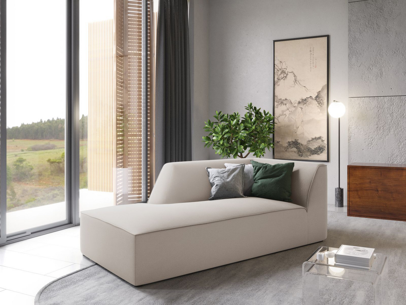 Cosmopolitan Design venstrevendt velourchaiselong, "Siena", 1-personers, 93 × 181 × 69 cm, Salvador, sorte plastben