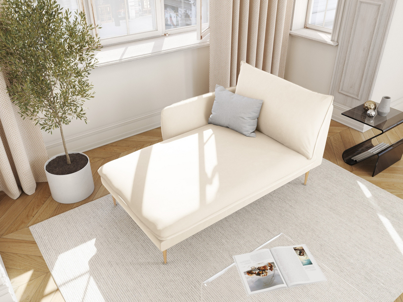 Cosmopolitan Design venstrevendt velourchaiselong, "Vienna", 1-personers, 110 × 170 × 95 cm, Bluvel, guldfarvede metalben