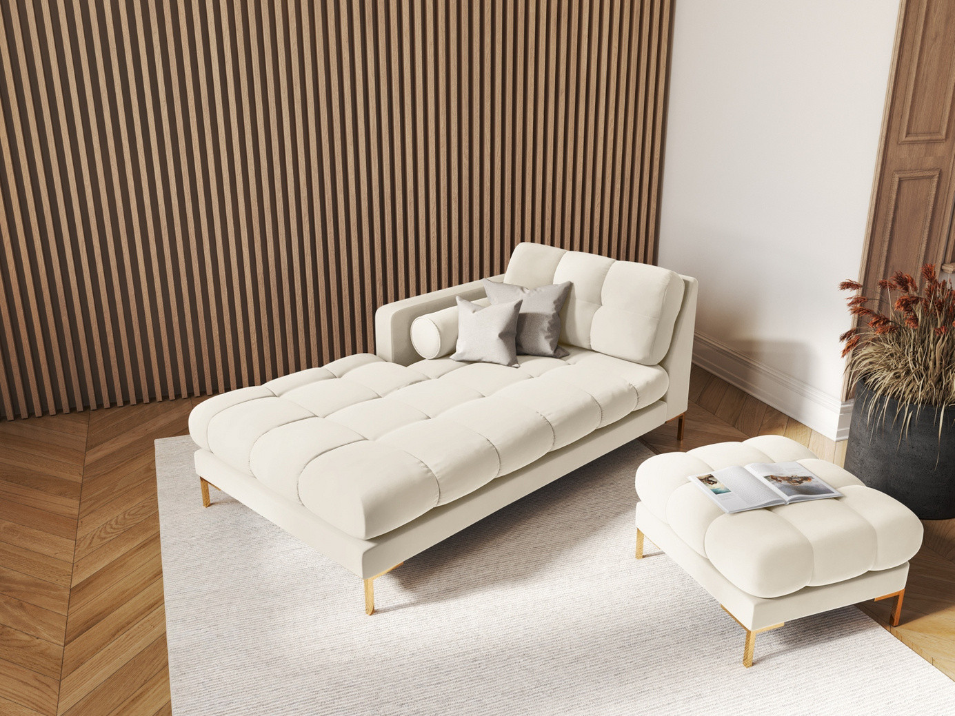 Cosmopolitan Design venstrevendt velourchaiselong, "Bali", 1-personers, 102 × 185 × 75 cm, Bluvel, guldfarvede metalben