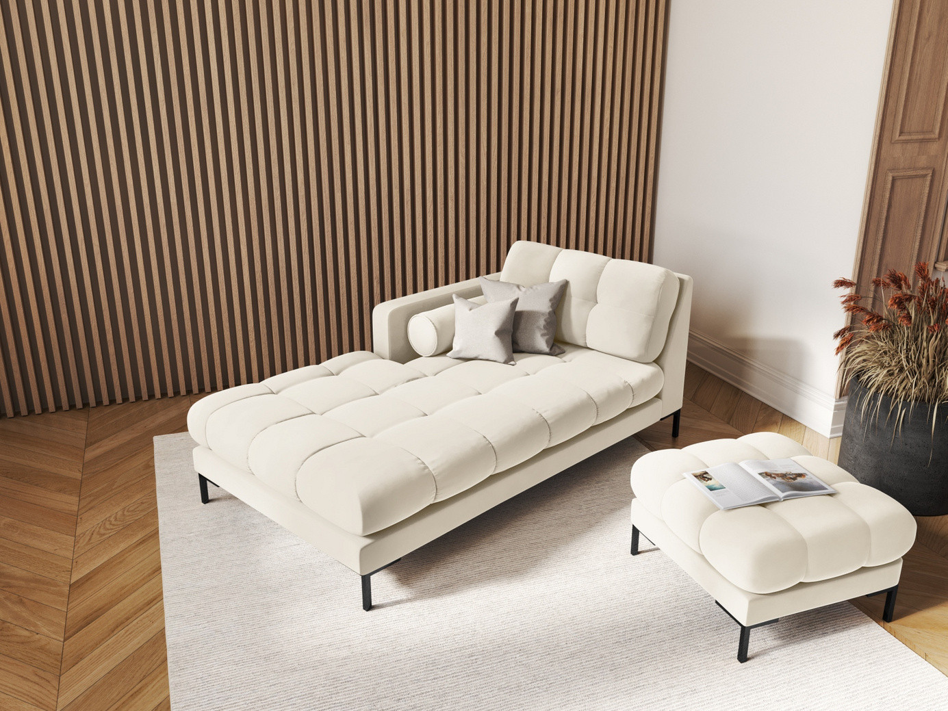 Cosmopolitan Design venstrevendt velourchaiselong, "Bali", 1-personers, 102 × 185 × 75 cm, Bluvel, sorte metalben
