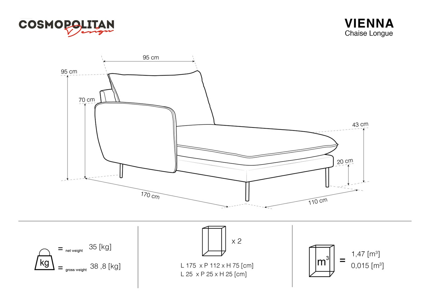 Cosmopolitan Design venstrevendt chaiselong, "Vienna", 1-personers, 110 × 170 × 95 cm, Positano, sorte metalben