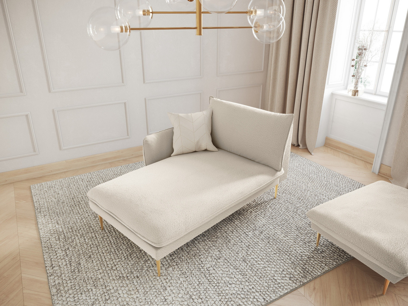 Cosmopolitan Design venstrevendt bouclé-chaiselong, "Vienna", 1-personers, 110 × 170 × 95 cm, Ascot, guldfarvede metalben