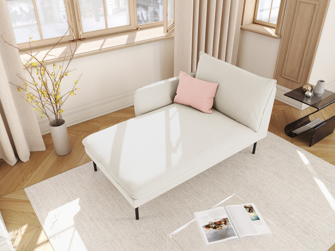 Cosmopolitan Design venstrevendt bouclé-chaiselong, "Vienna", 1-personers, 110 × 170 × 95 cm, Ascot, sorte metalben