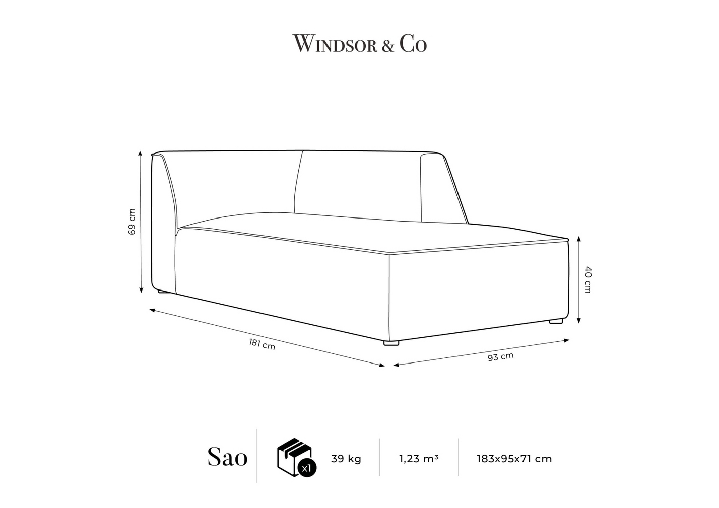 Cosmopolitan Design højrevendt chaiselong, "Siena", 1-personers, 93 × 181 × 69 cm, Scala, sorte plastben