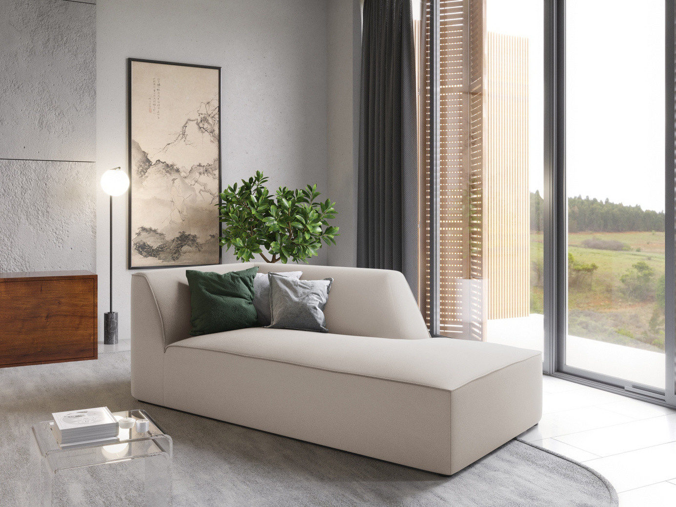 Cosmopolitan Design højrevendt velourchaiselong, "Siena", 1-personers, 93 × 181 × 69 cm, Salvador, sorte plastben