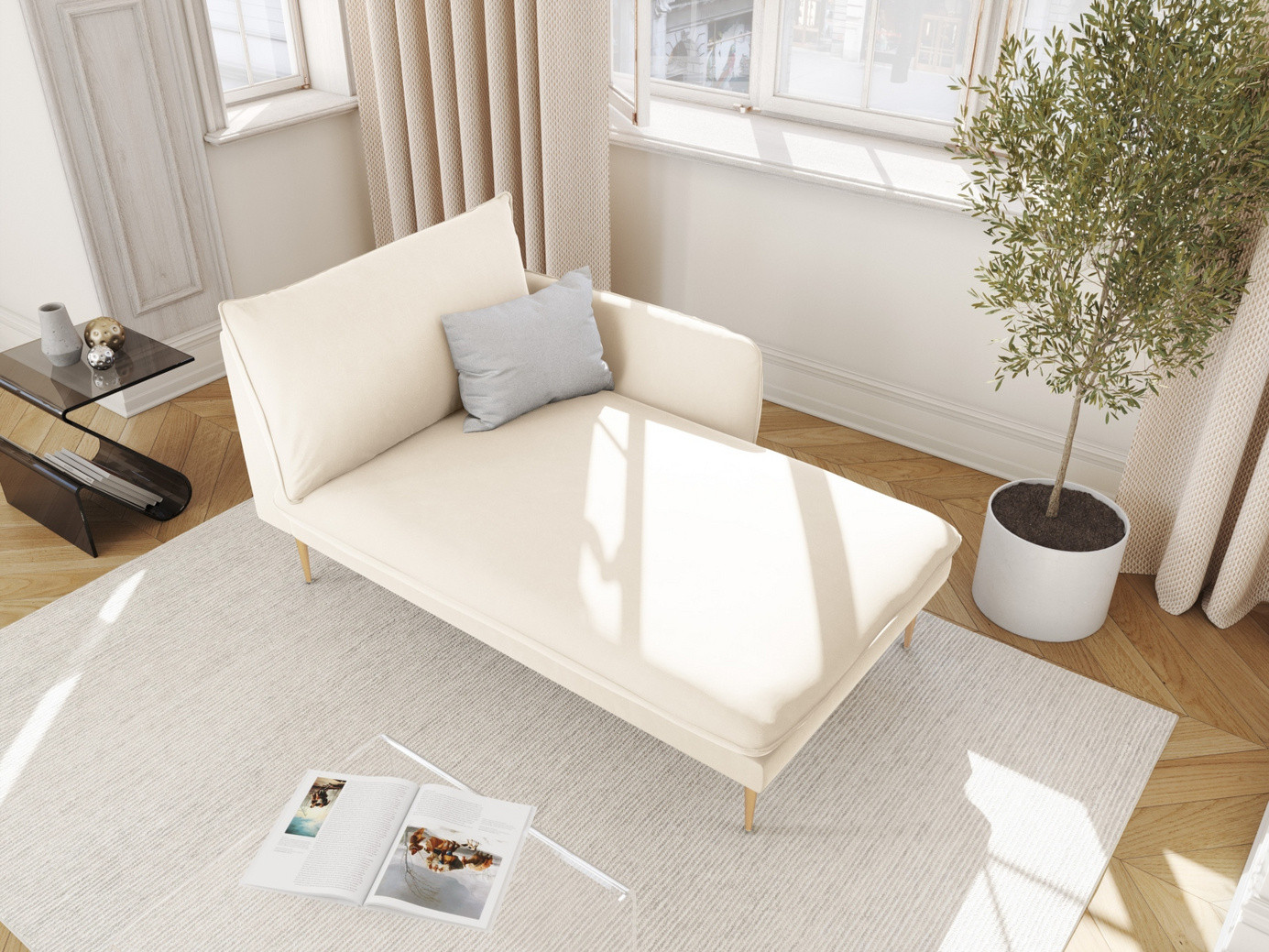 Cosmopolitan Design højrevendt velourchaiselong, "Vienna", 1-personers, 110 × 170 × 95 cm, Bluvel, guldfarvede metalben