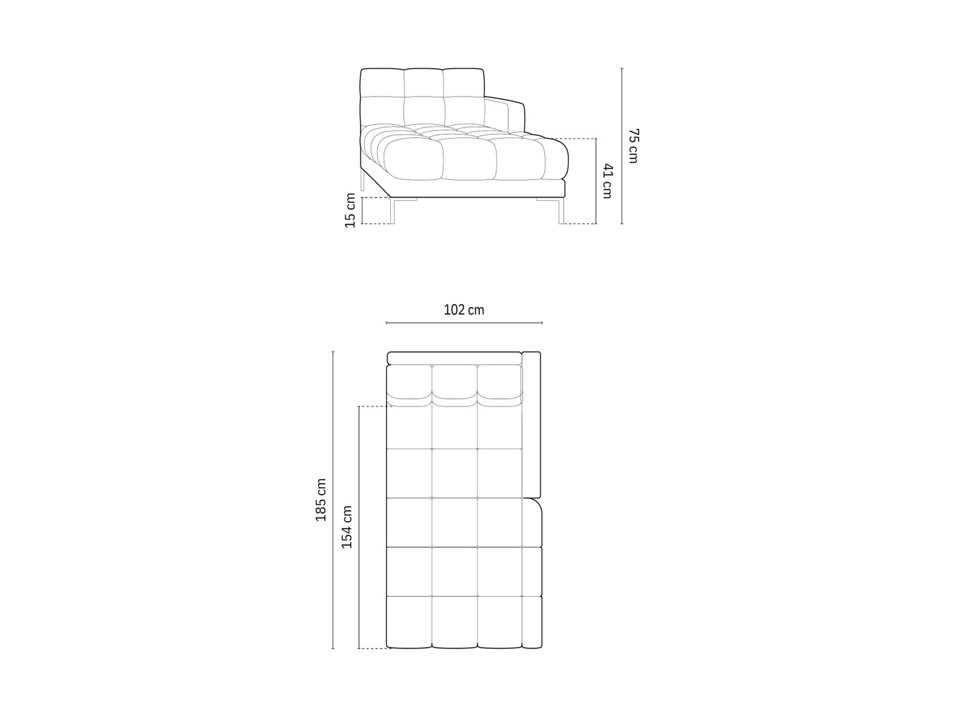 Cosmopolitan Design højrevendt velourchaiselong, "Bali", 1-personers, 102 × 185 × 75 cm, Bluvel, sorte metalben