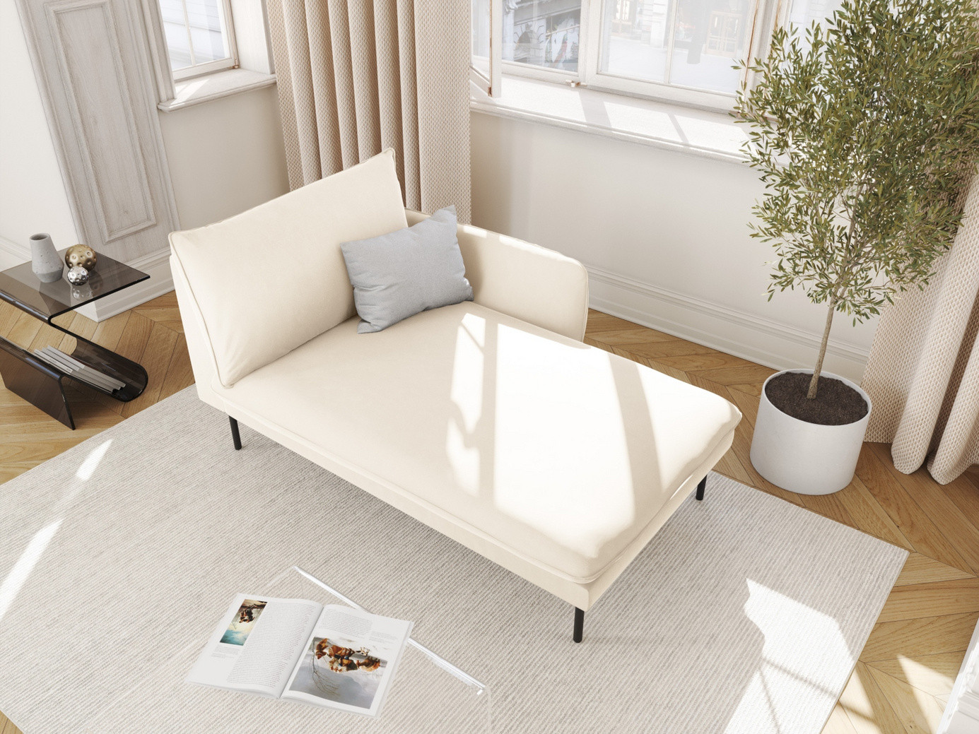 Cosmopolitan Design højrevendt velourchaiselong, "Vienna", 1-personers, 110 × 170 × 95 cm, Bluvel, sorte metalben