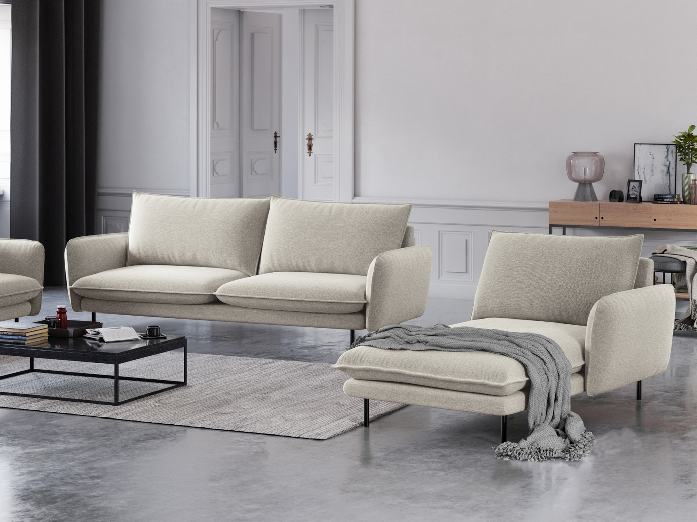 Cosmopolitan Design højrevendt chaiselong, "Vienna", 1-personers, 110 × 170 × 95 cm, Positano, sorte metalben