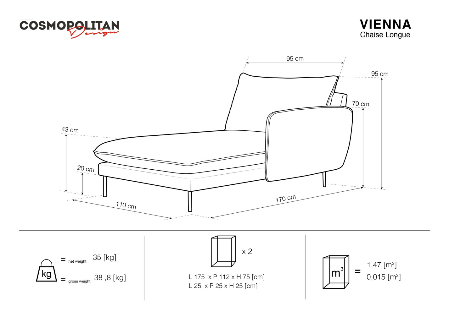 Cosmopolitan Design højrevendt chaiselong, "Vienna", 1-personers, 110 × 170 × 95 cm, Positano, sorte metalben
