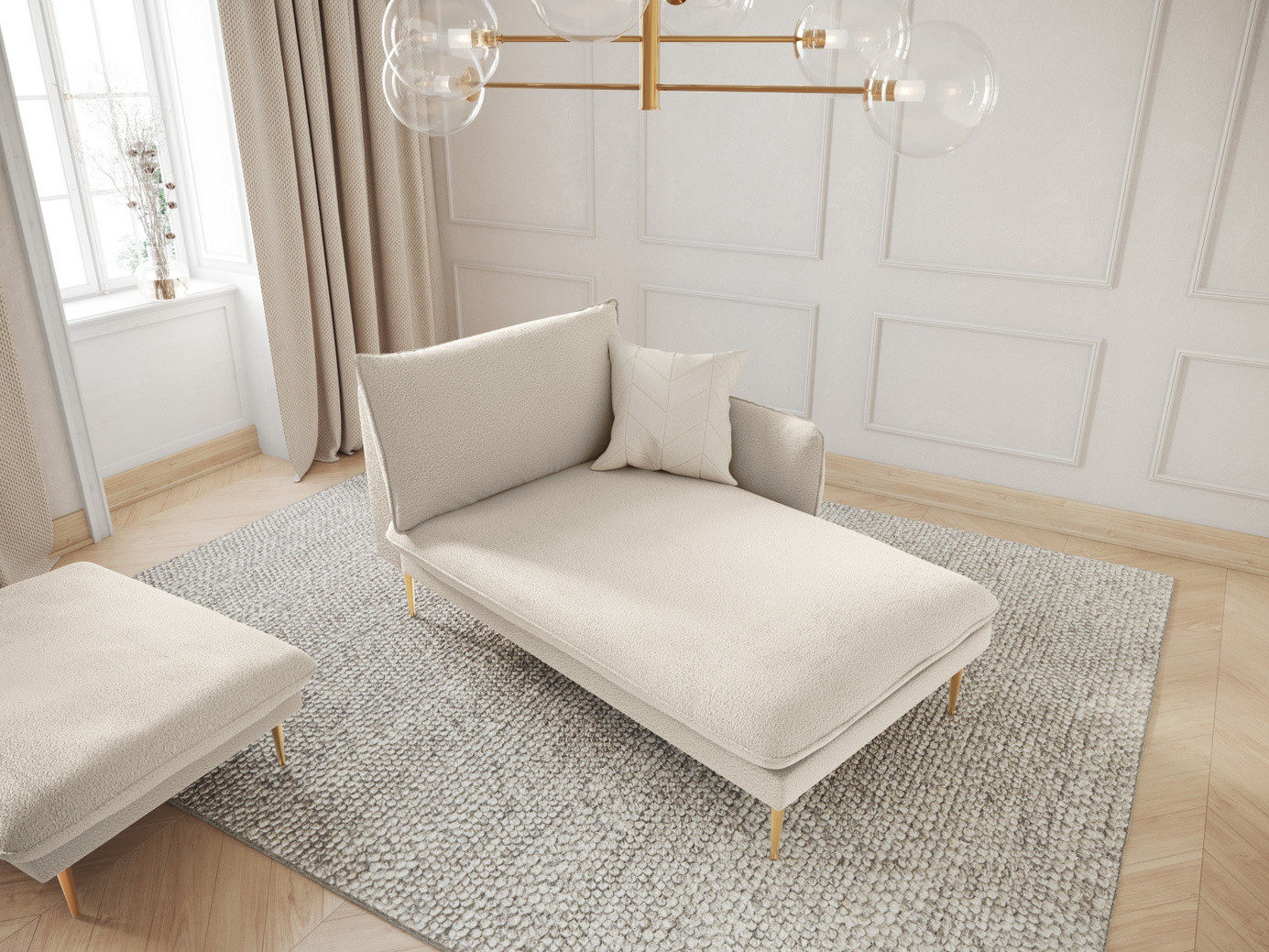 Cosmopolitan Design højrevendt bouclé-chaiselong, "Vienna", 1-personers, 110 × 170 × 95 cm, Ascot, guldfarvede metalben