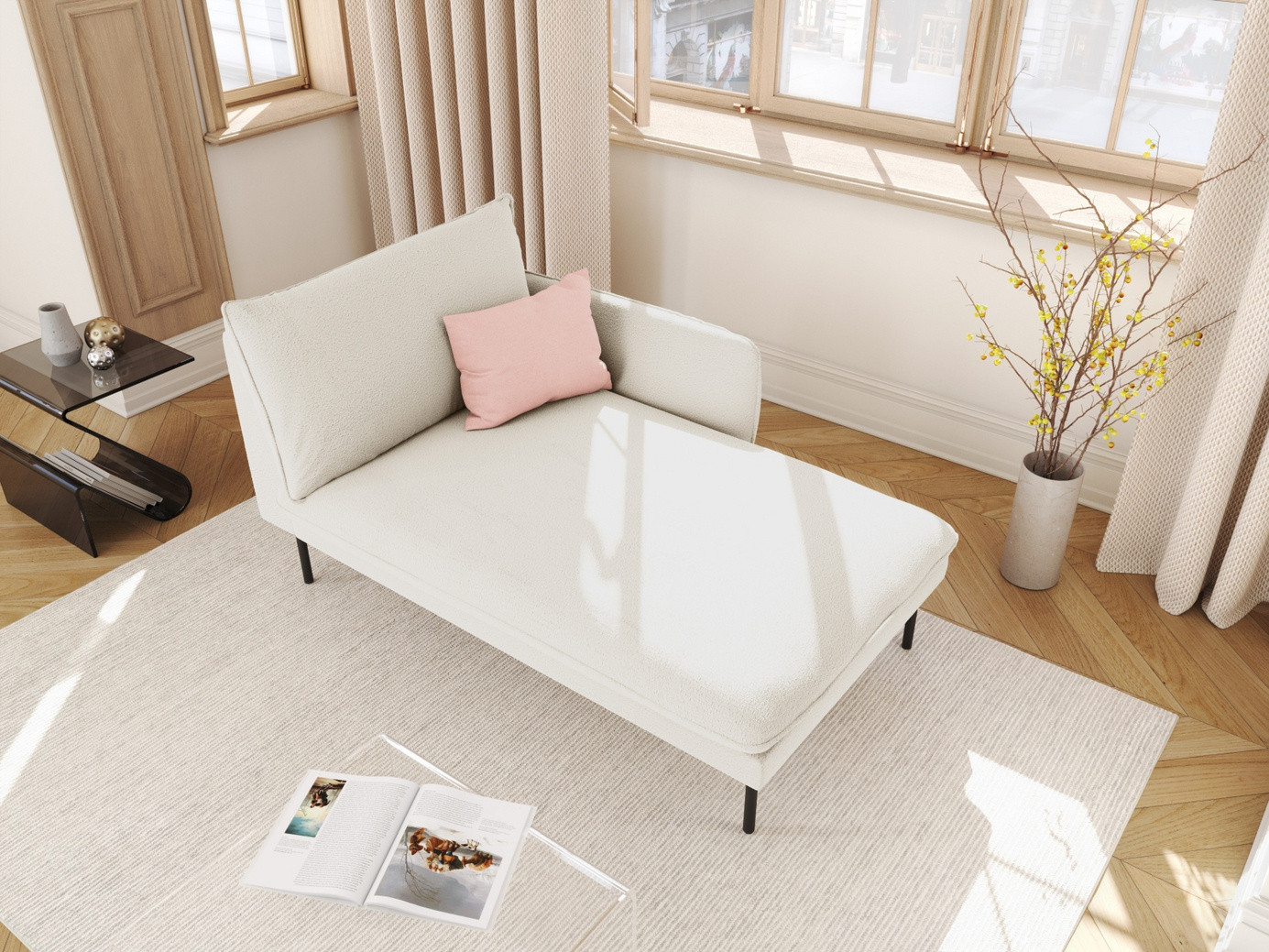 Cosmopolitan Design højrevendt bouclé-chaiselong, "Vienna", 1-personers, 110 × 170 × 95 cm, Ascot, sorte metalben