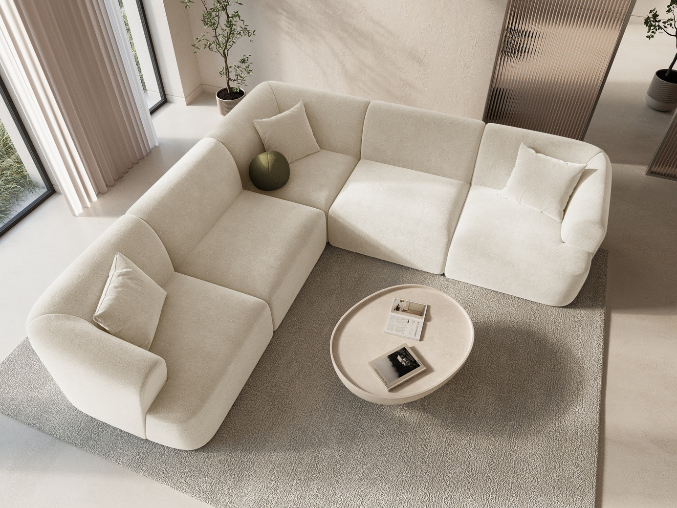 Cosmopolitan Design symmetrisk velourmodulhjørnesofa, "Campi", 6-personers, 255 × 255 × 70 cm, Vogue, sorte plastben