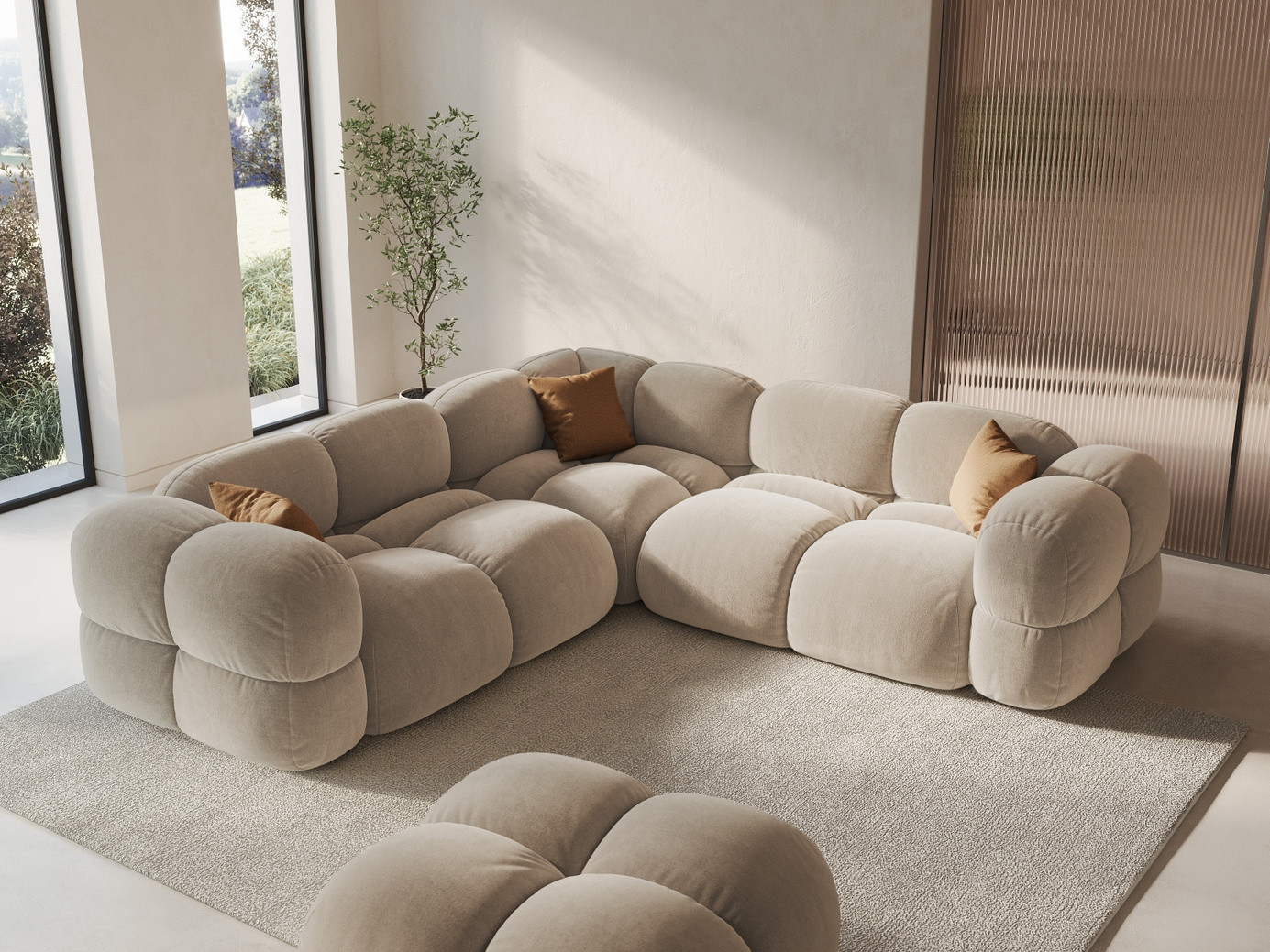 Cosmopolitan Design symmetrisk velourhjørnesofa, "Loretto", 4-personers, 250 × 250 × 68 cm, Vogue, sorte plastben