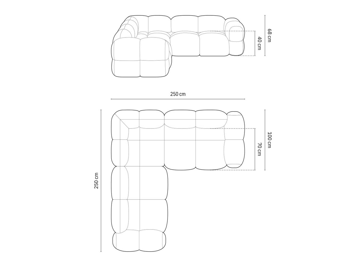 Cosmopolitan Design symmetrisk velourhjørnesofa, "Loretto", 4-personers, 250 × 250 × 68 cm, Vogue, sorte plastben