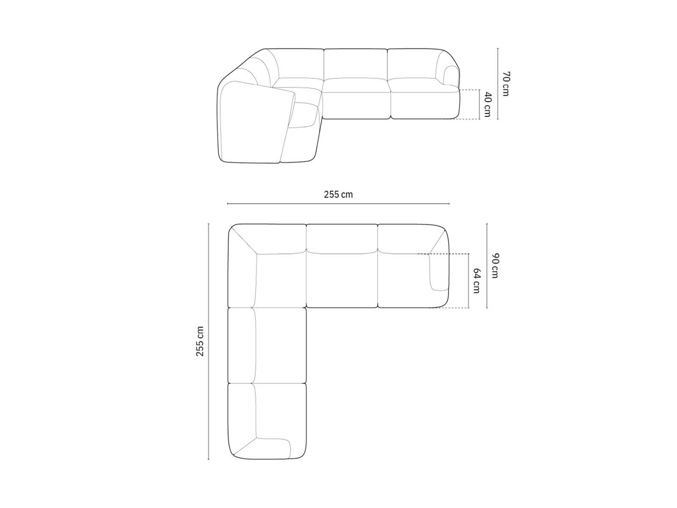 Cosmopolitan Design symmetrisk modulhjørnesofa, "Campi", 6-personers, 255 × 255 × 70 cm, Moly, sorte plastben