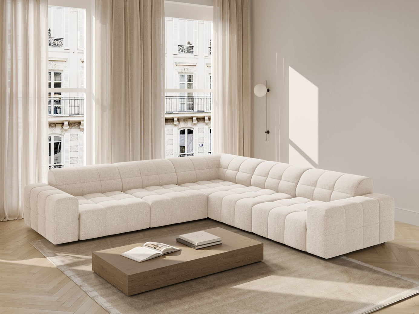 Cosmopolitan Design symmetrisk hjørnesofa, "Chicago", 4-personers, 285 × 285 × 78 cm, Haga, sorte plastben
