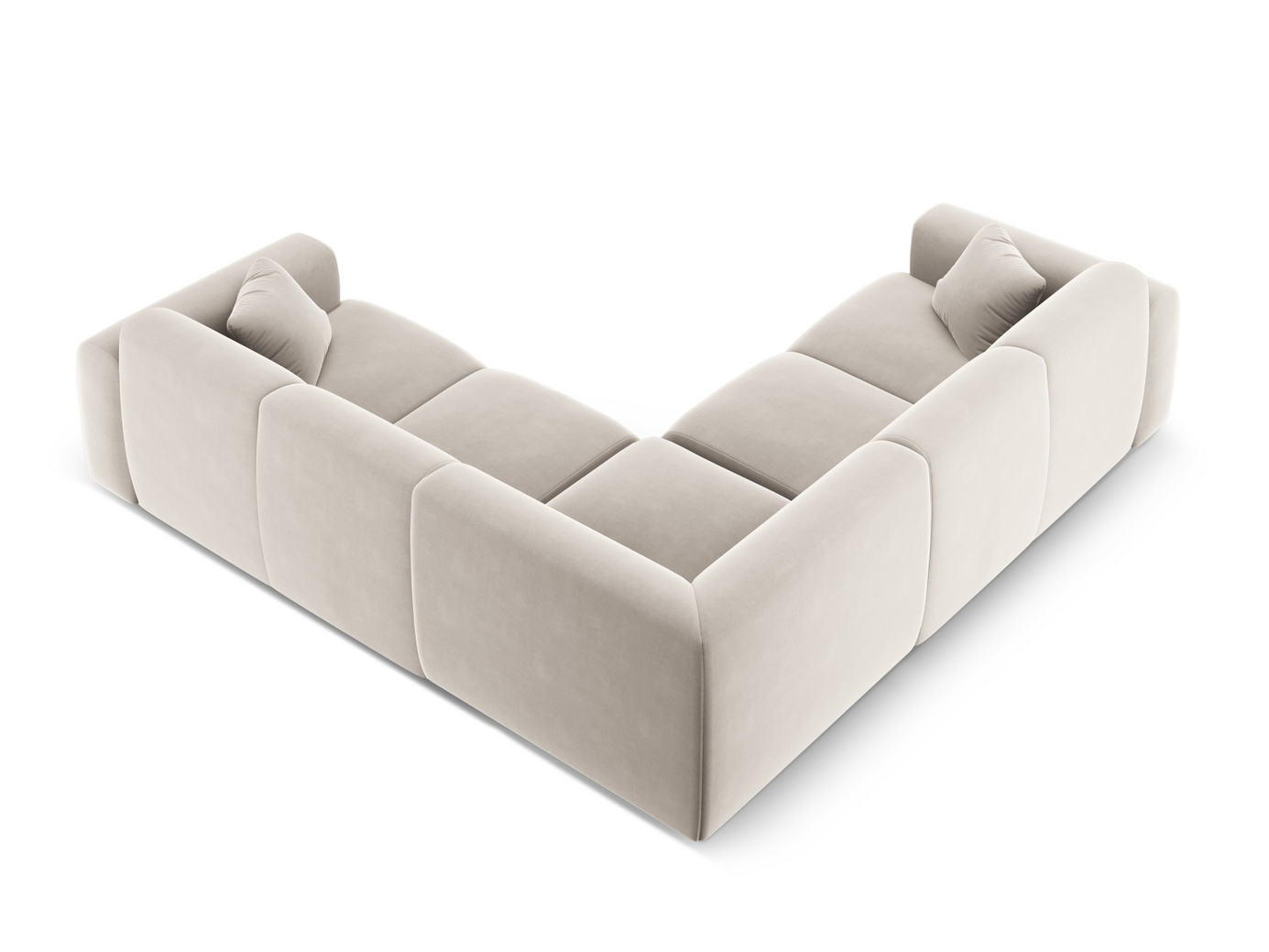 Cosmopolitan Design symmetrisk velourhjørnesofa, "Nolio", 5-personers, 252 × 252 × 72 cm, Casino, sorte plastben