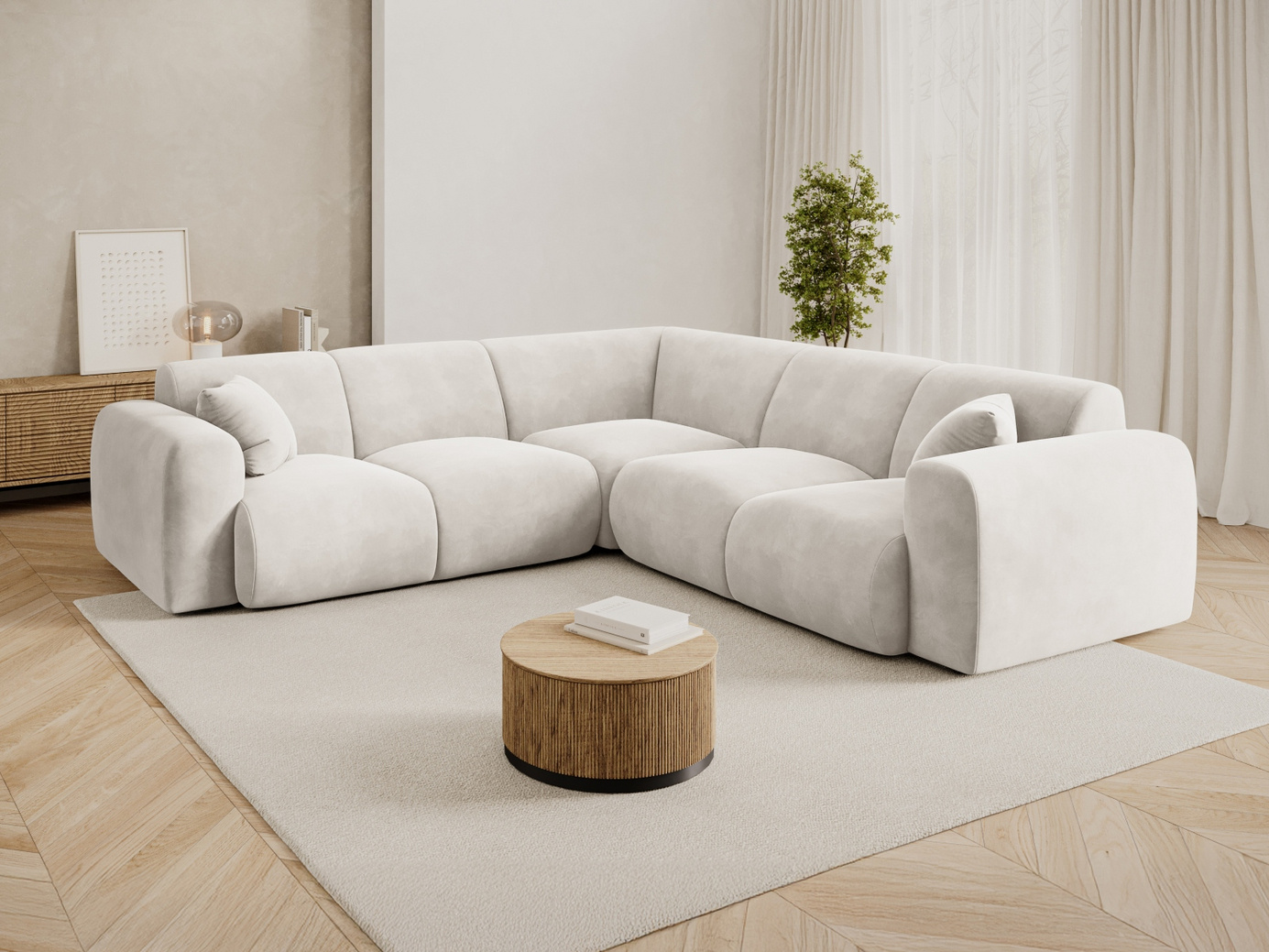 Cosmopolitan Design symmetrisk velourhjørnesofa, "Nolio", 5-personers, 252 × 252 × 72 cm, Casino, sorte plastben