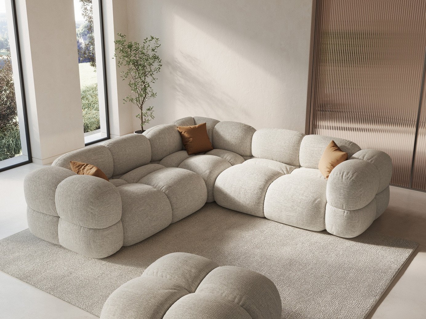 Cosmopolitan Design symmetrisk hjørnesofa, "Loretto", 4-personers, 250 × 250 × 68 cm, Sorella, sorte plastben