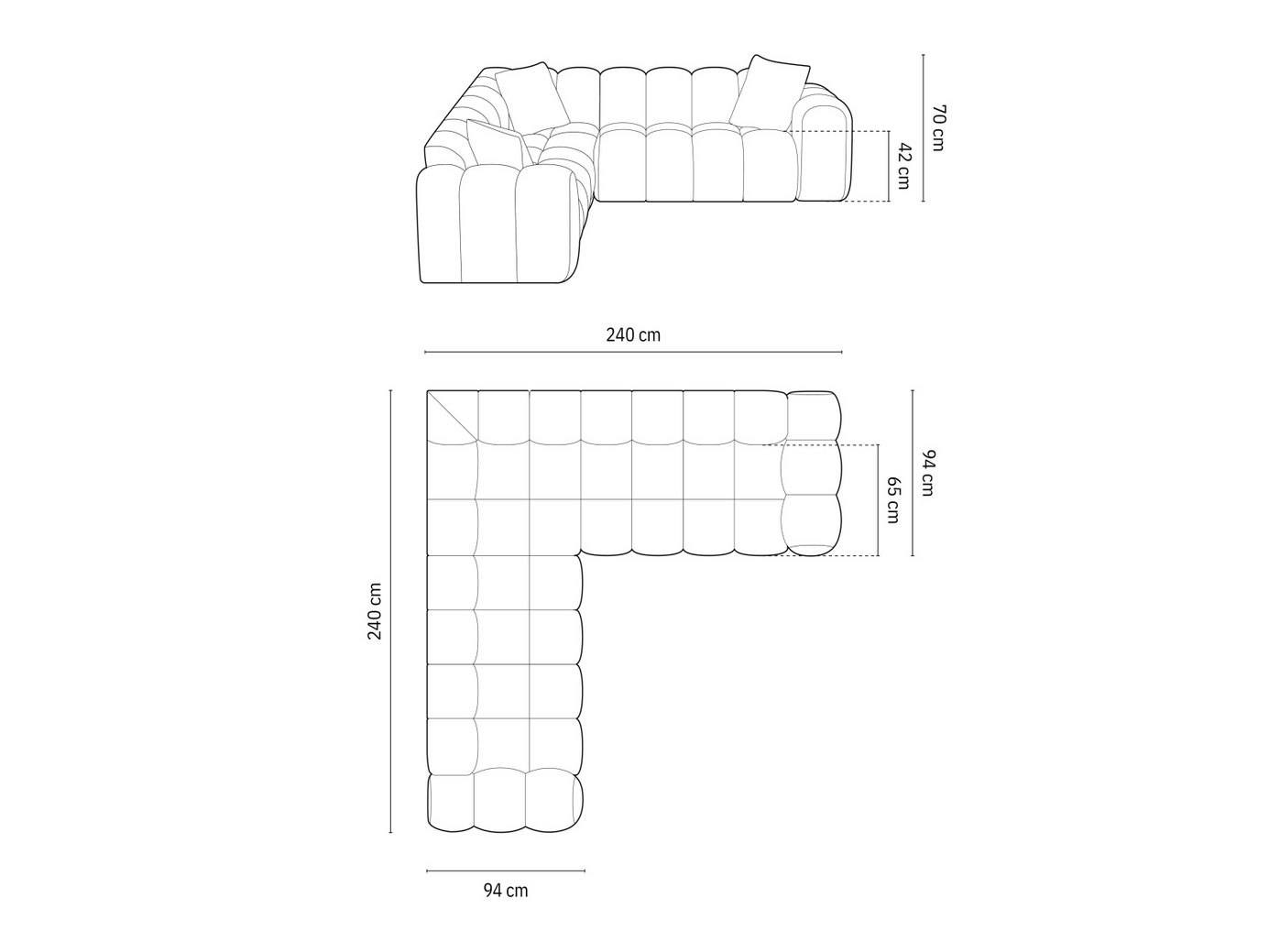 Cosmopolitan Design symmetrisk hjørnesofa, "Treno", 3-personers, 240 × 240 × 70 cm, Eden 10, sorte plastben