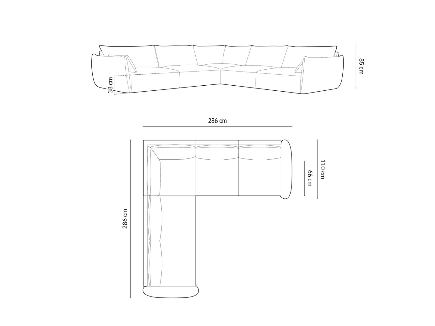 Cosmopolitan Design symmetrisk velourhjørnesofa, "Matera", 7-personers, 286 × 286 × 85 cm, Salvador, sorte plastben