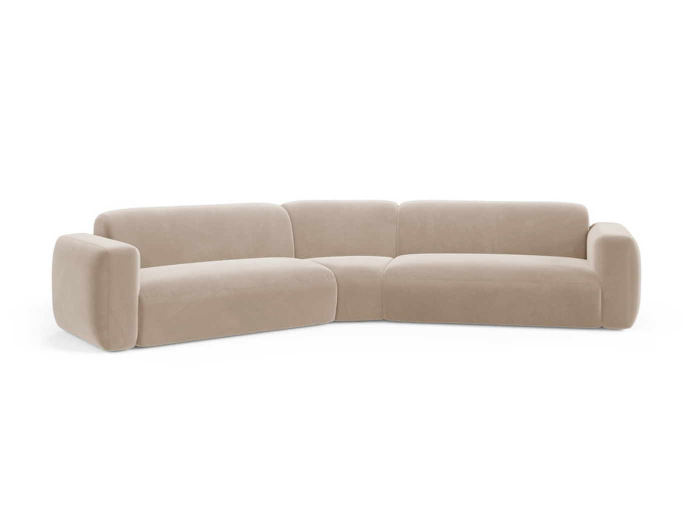 Cosmopolitan Design symmetrisk velourmodulhjørnesofa, "Strino", 3-personers, 344 × 210 × 78 cm, Salvador, sorte plastben