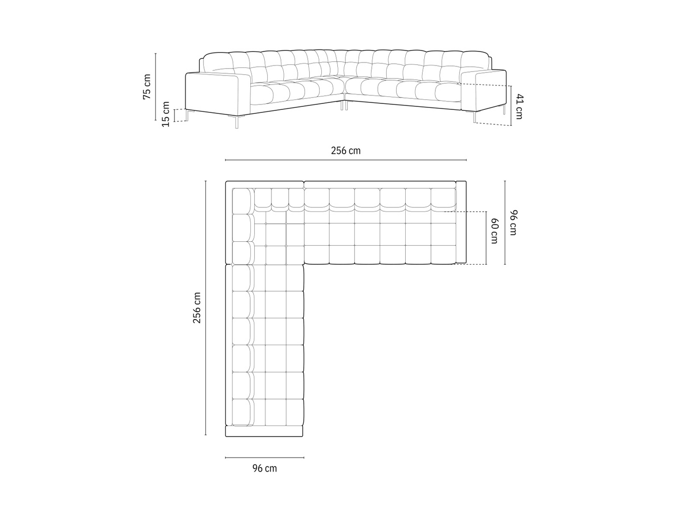Cosmopolitan Design symmetrisk velourhjørnesofa, "Bali", 6-personers, 256 × 256 × 75 cm, Bluvel, guldfarvede metalben