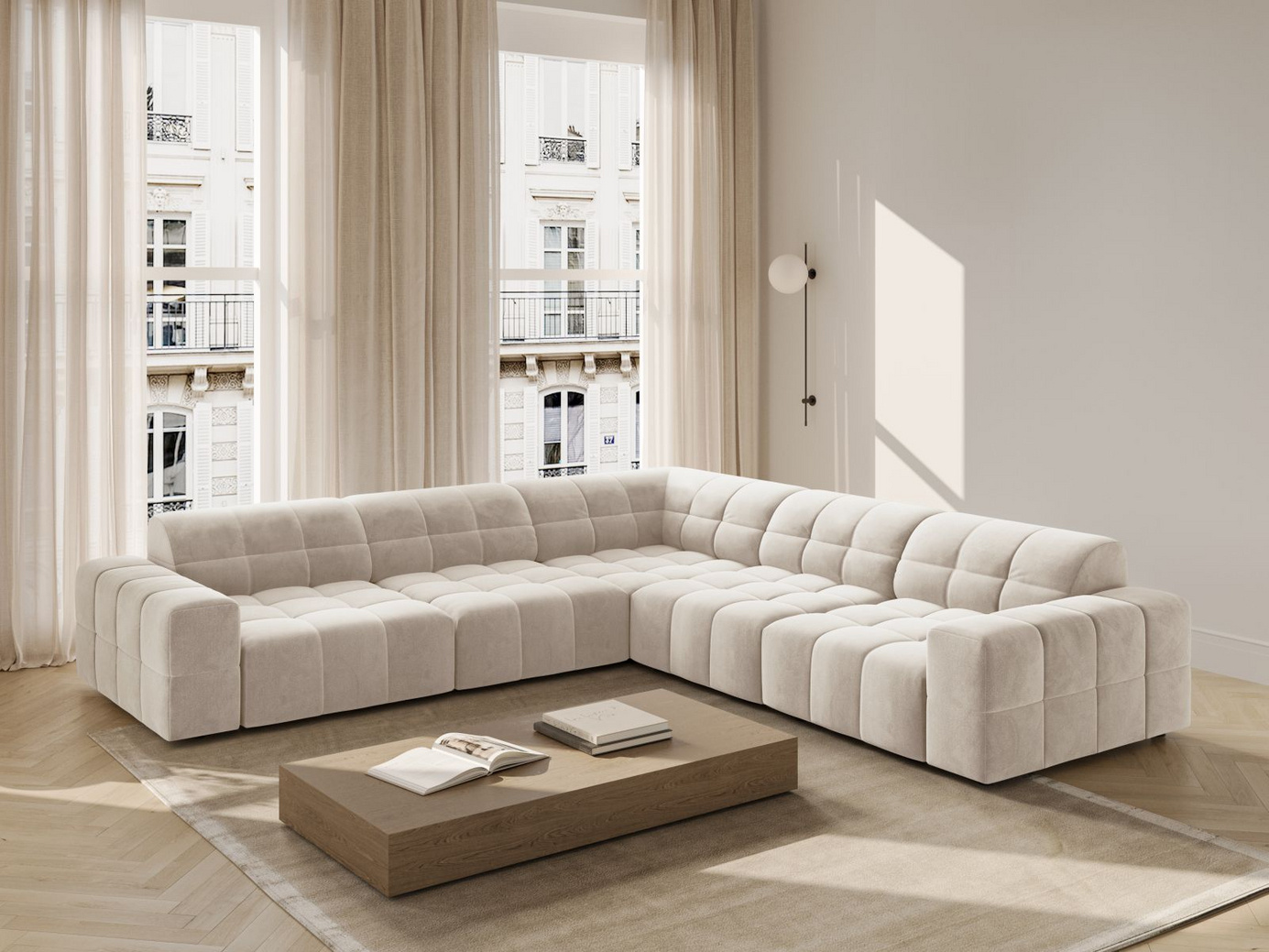 Cosmopolitan Design symmetrisk velourhjørnesofa, "Chicago", 4-personers, 285 × 285 × 78 cm, Bluvel, sorte plastben