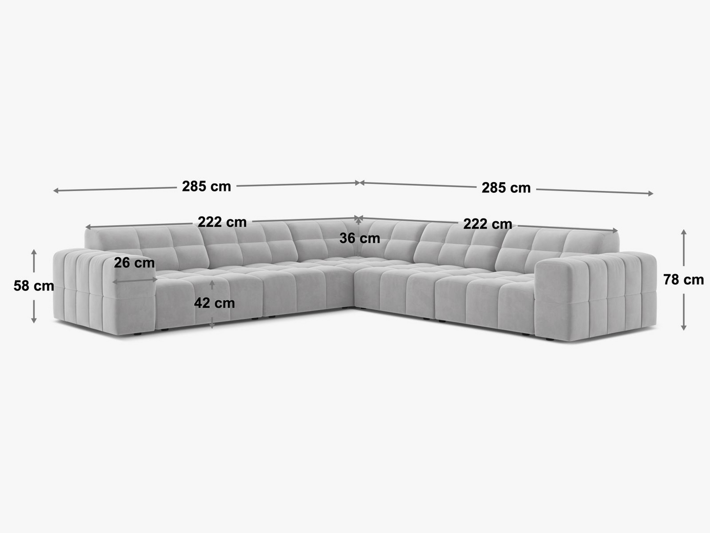 Cosmopolitan Design symmetrisk velourhjørnesofa, "Chicago", 4-personers, 285 × 285 × 78 cm, Bluvel, sorte plastben