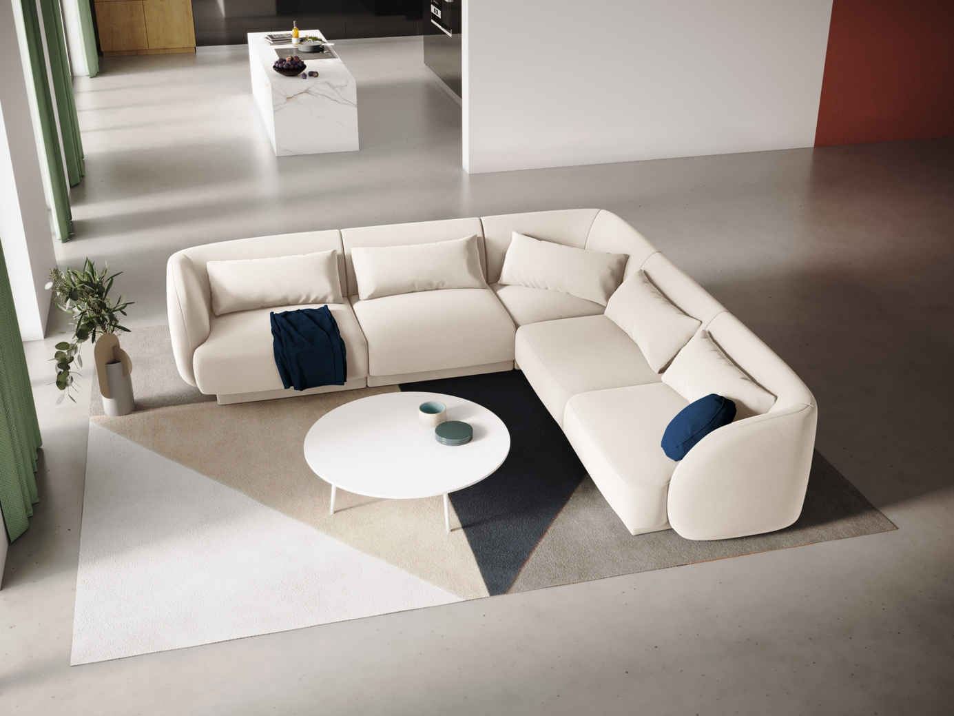 Cosmopolitan Design vendbar velourhjørnesofa, "Tulum", 5-personers, 255 × 255 × 70 cm, Bluvel, sorte plastben