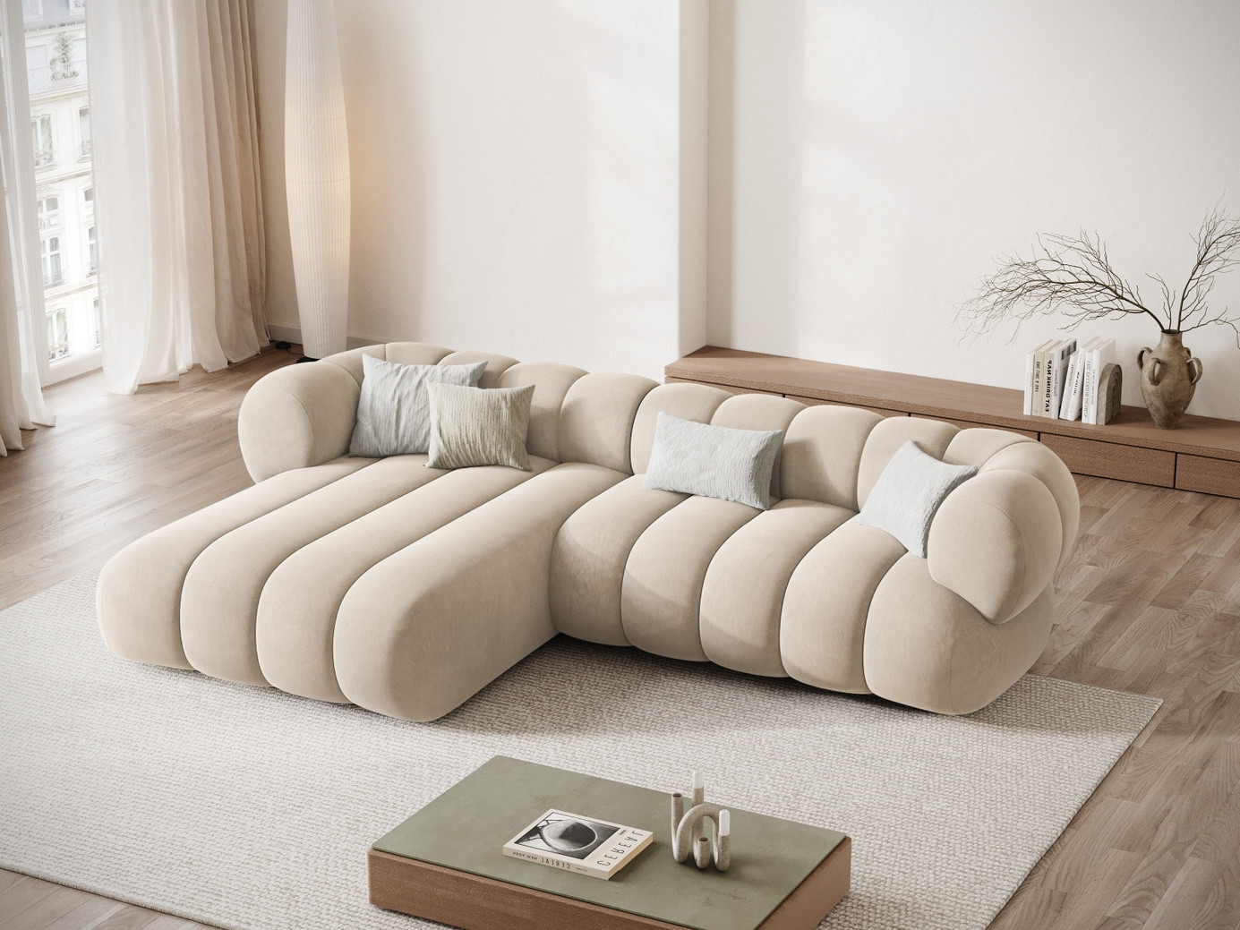 Cosmopolitan Design venstrevendt velourhjørnesofa, "Koge", 5-personers, 270 × 165 × 70 cm, Vogue, sorte plastben