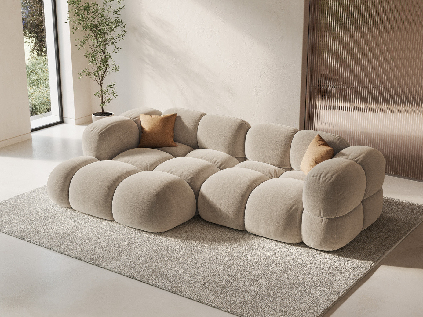 Cosmopolitan Design venstrevendt velourhjørnesofa, "Loretto", 3-personers, 250 × 147 × 68 cm, Vogue, sorte plastben
