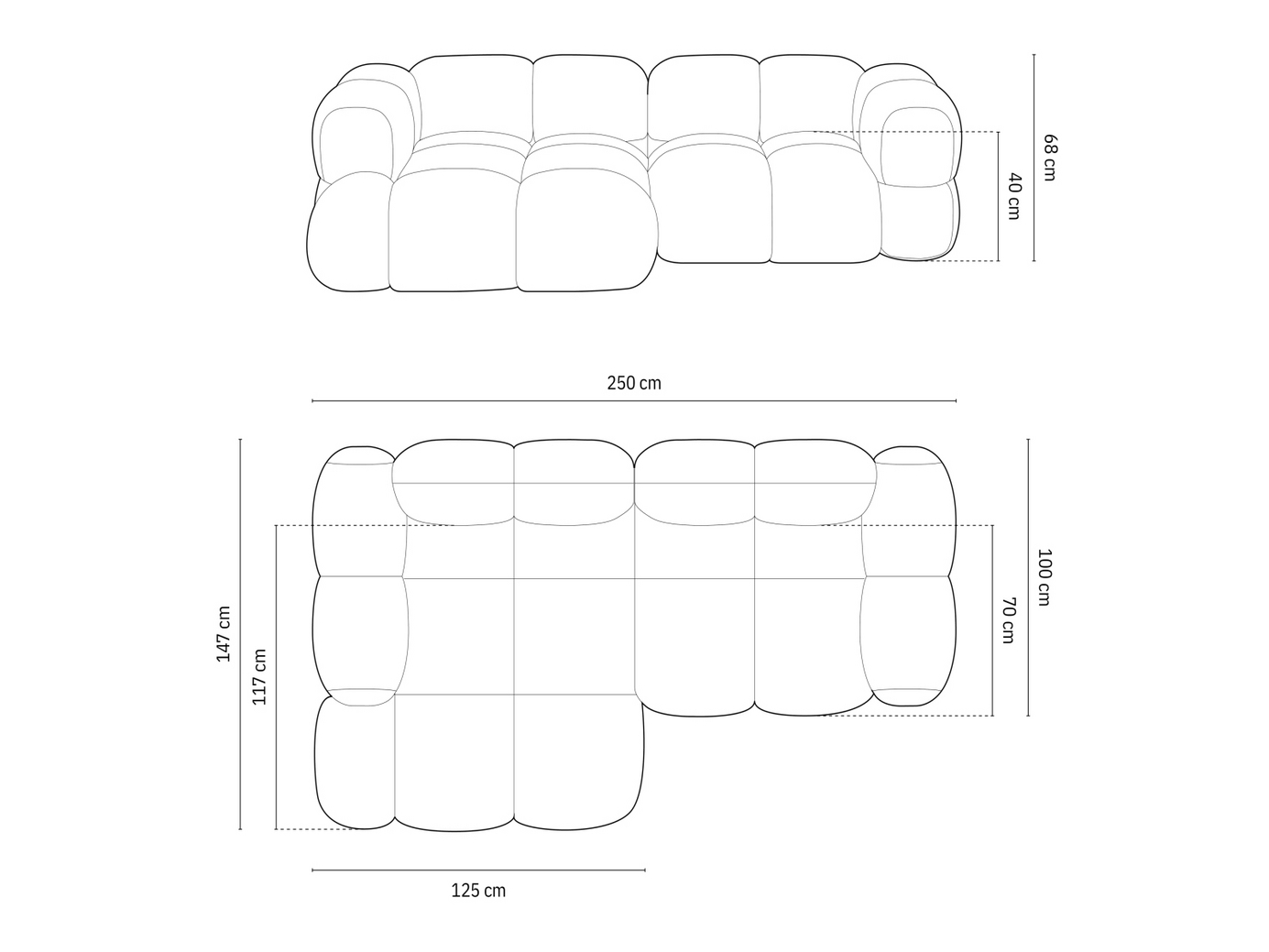 Cosmopolitan Design venstrevendt velourhjørnesofa, "Loretto", 3-personers, 250 × 147 × 68 cm, Vogue, sorte plastben