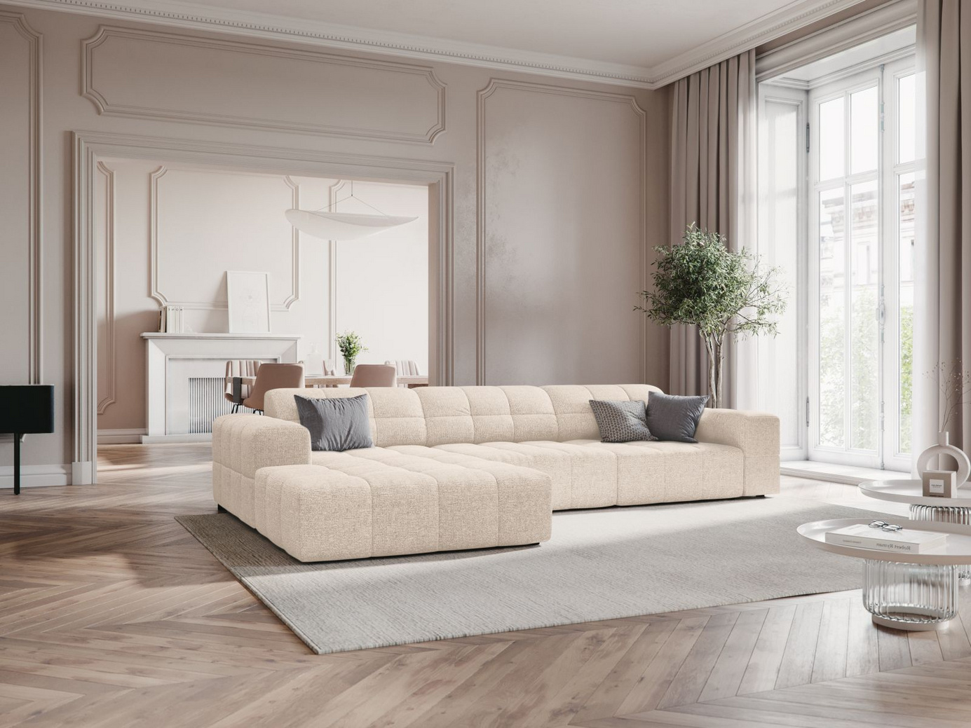 Cosmopolitan Design venstrevendt hjørnesofa, "Chicago", 4-personers, 294 × 167 × 78 cm, Haga, sorte plastben