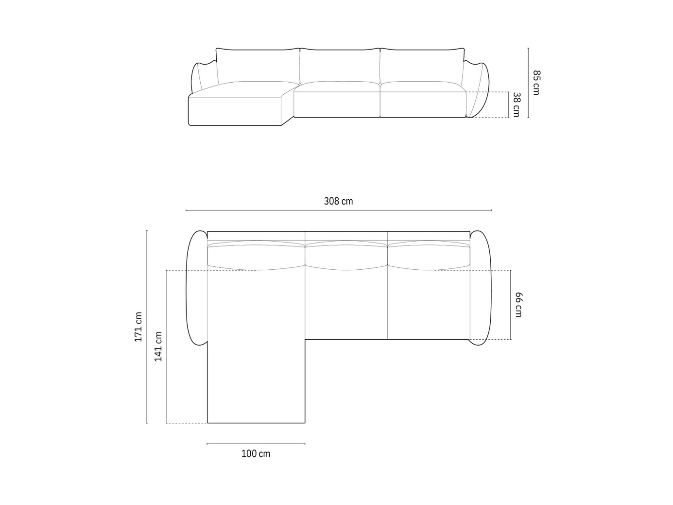 Cosmopolitan Design venstrevendt hjørnesofa, "Matera", 4-personers, 308 × 171 × 85 cm, Haga, sorte plastben