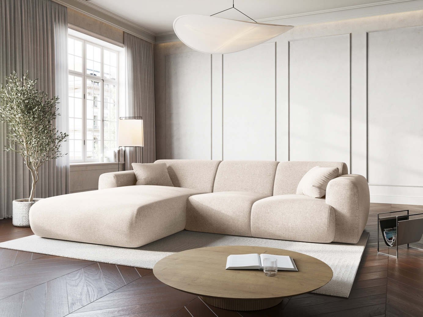 Cosmopolitan Design venstrevendt hjørnesofa, "Nolio", 4-personers, 260 × 170 × 72 cm, Haga, sorte plastben