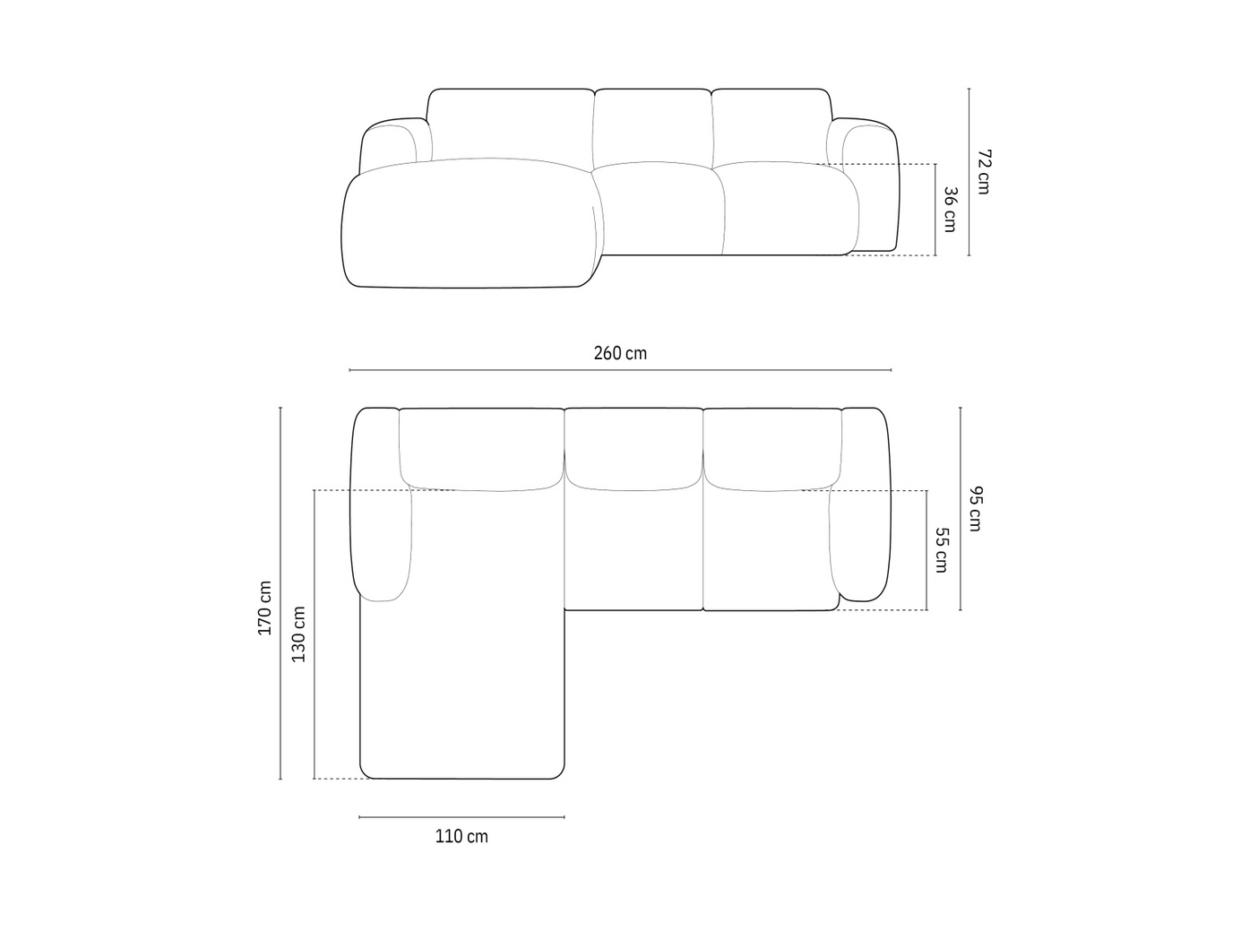 Cosmopolitan Design venstrevendt hjørnesofa, "Nolio", 4-personers, 260 × 170 × 72 cm, Haga, sorte plastben