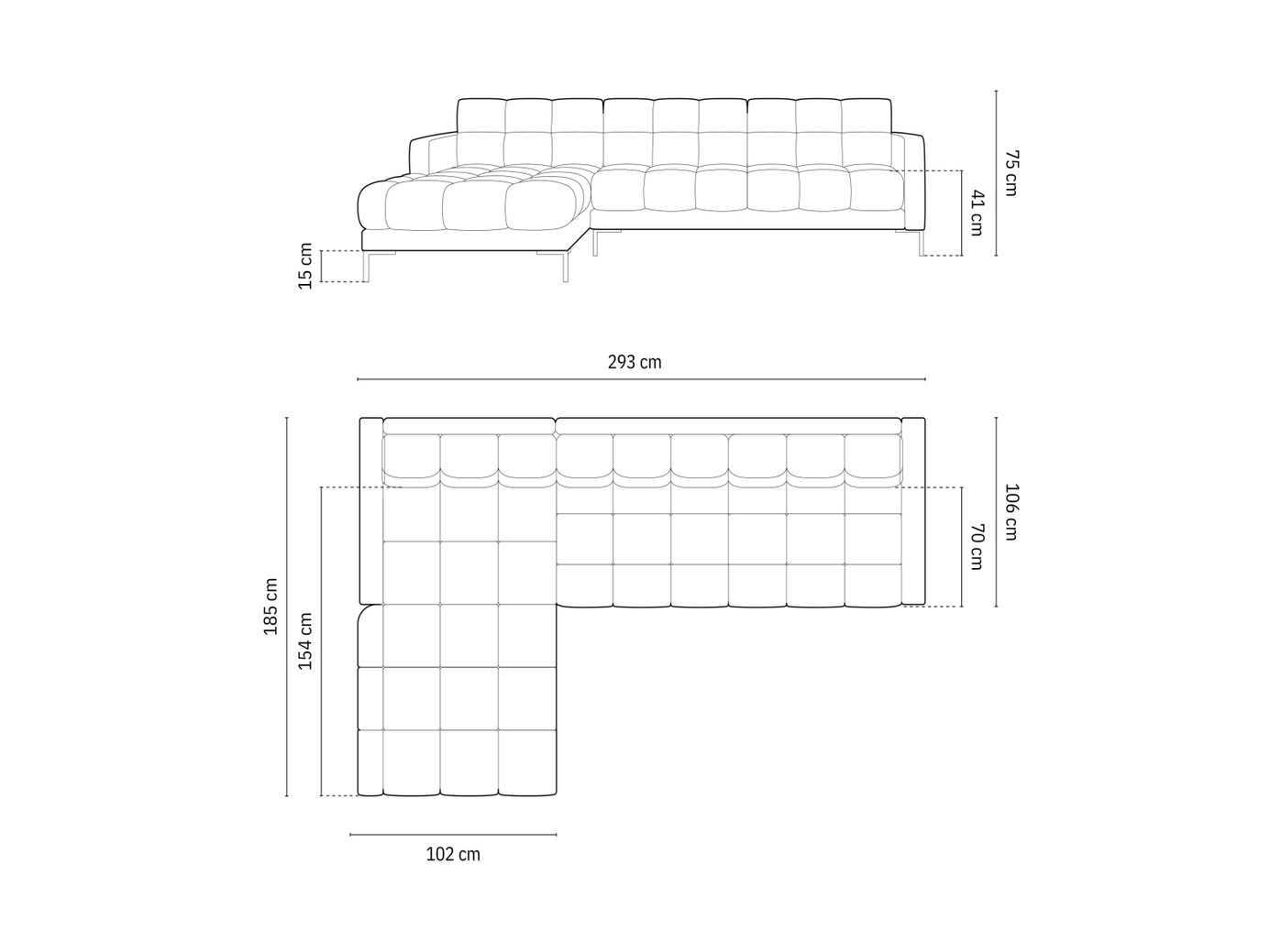 Cosmopolitan Design venstrevendt hjørnesofa, "Bali", 5-personers, 293 × 185 × 75 cm, Neve, guldfarvede metalben