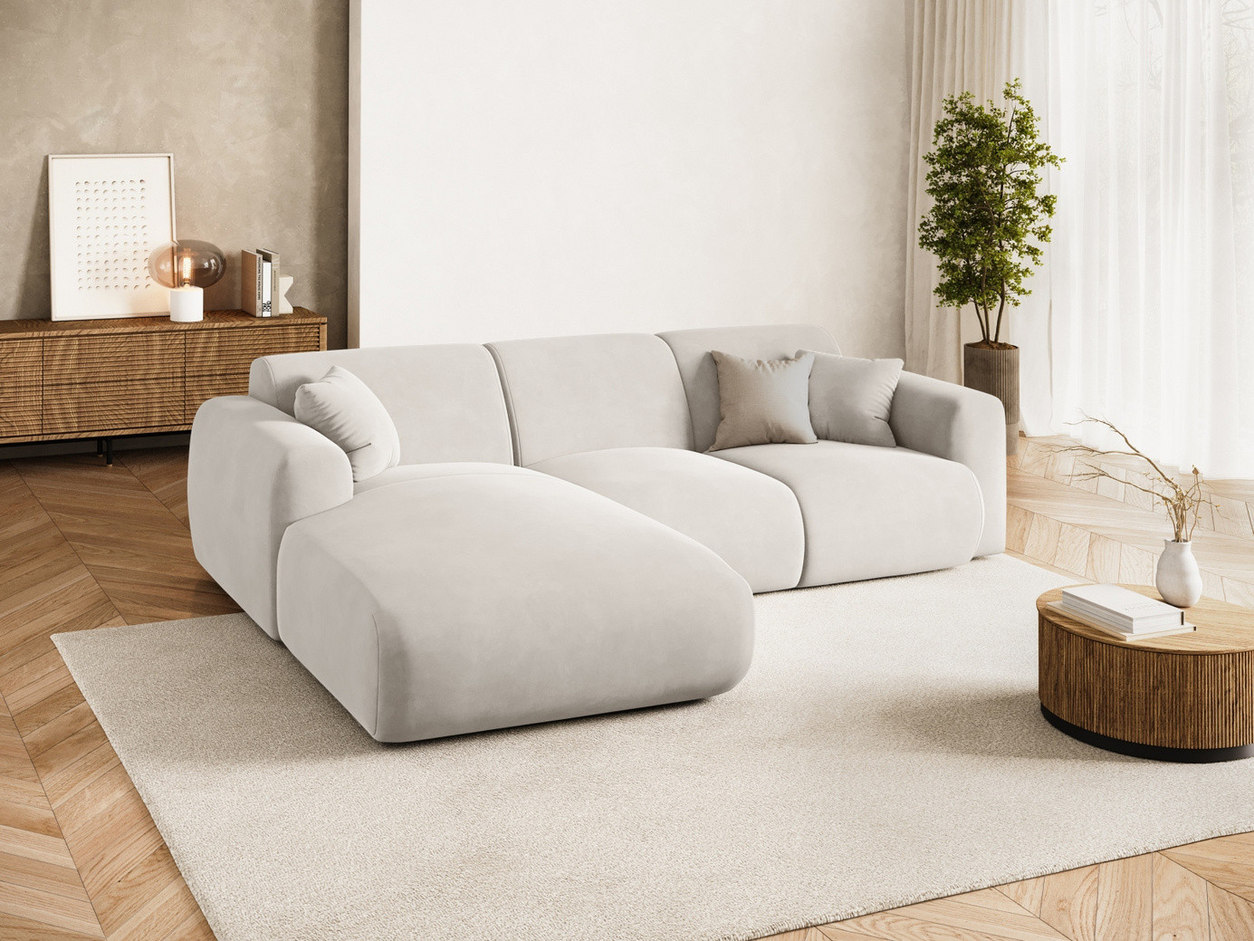 Cosmopolitan Design venstrevendt velourhjørnesofa, "Nolio", 4-personers, 260 × 170 × 72 cm, Casino, sorte plastben