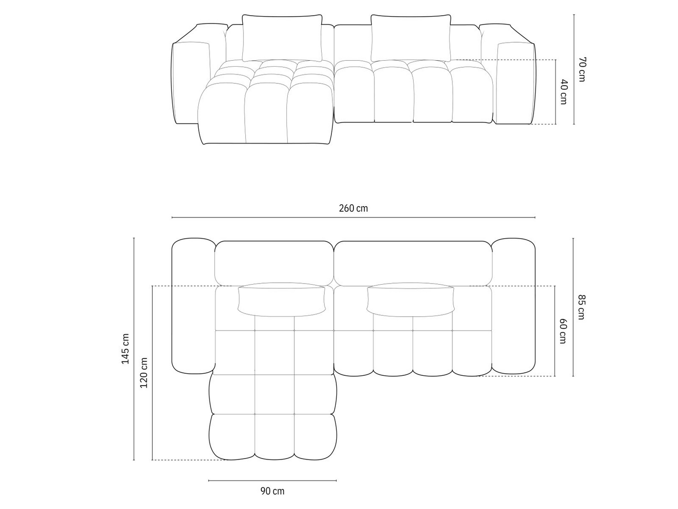 Cosmopolitan Design venstrevendt velourmodulhjørnesofa, "Verona", 3-personers, 260 × 145 × 70 cm, Casino, sorte plastben