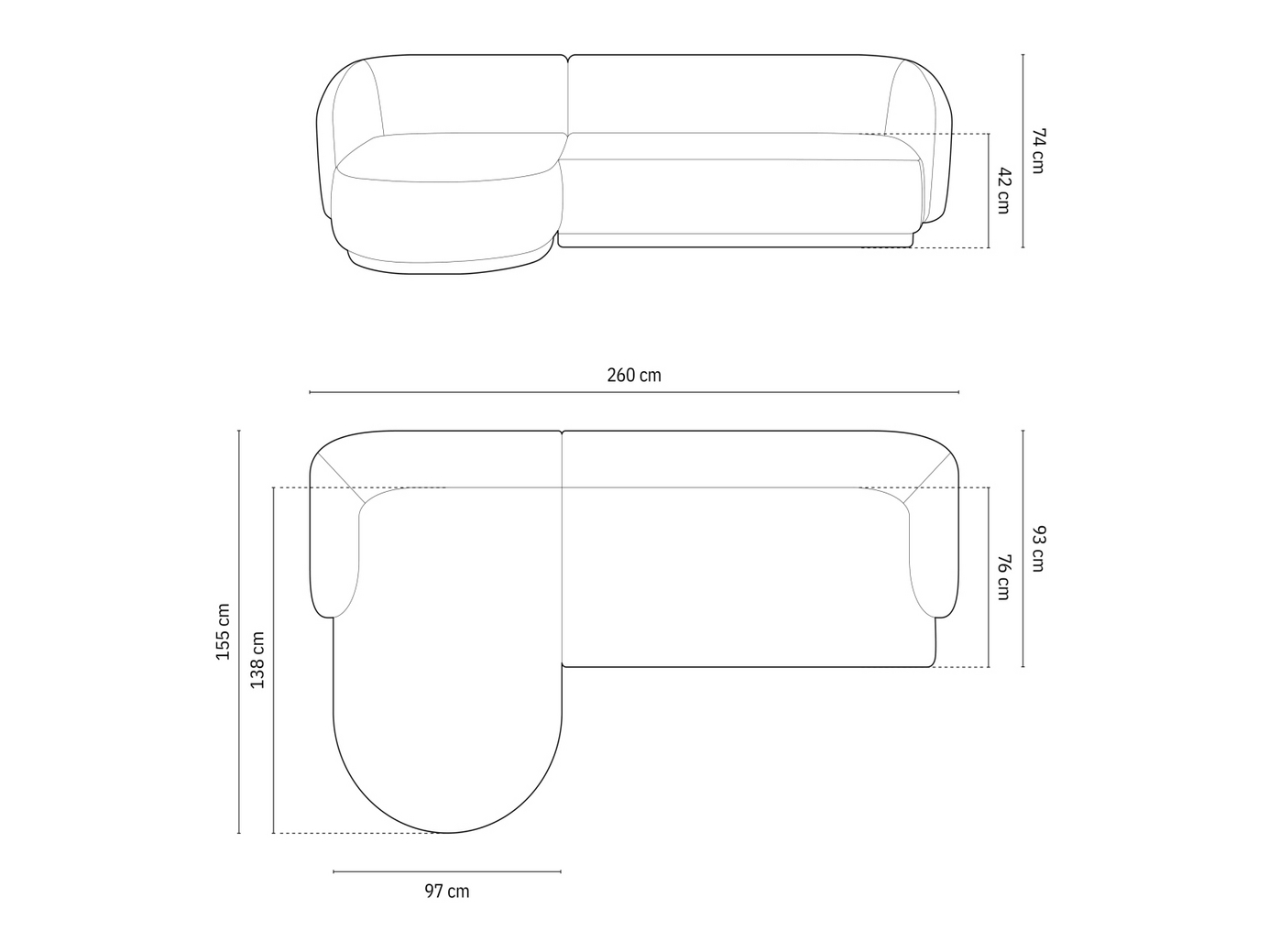 Cosmopolitan Design venstrevendt velourhjørnesofa, "Gomera", 4-personers, 260 × 155 × 74 cm, Salvador, sorte plastben