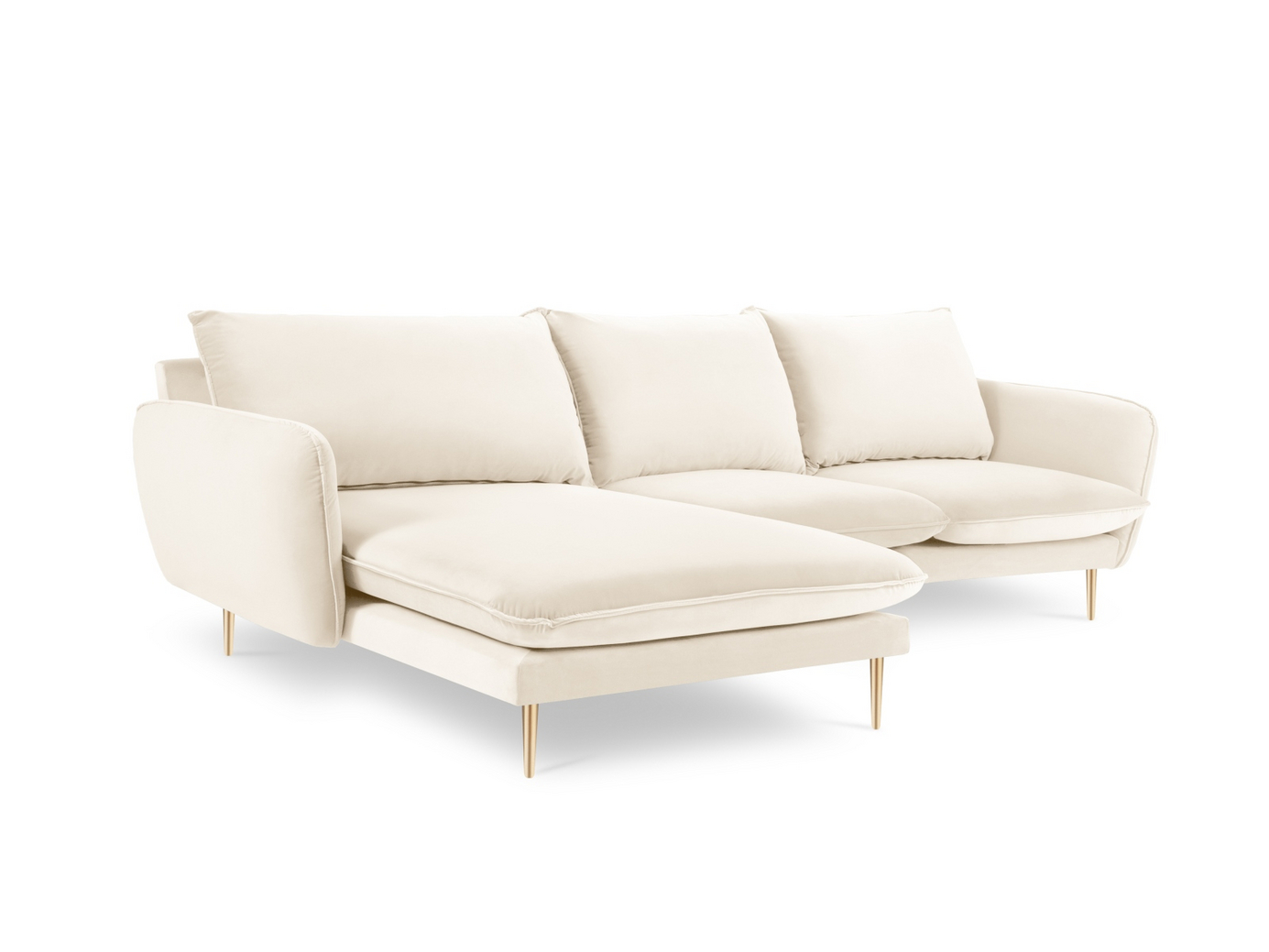 Cosmopolitan Design venstrevendt velourhjørnesofa, "Vienna", 5-personers, 255 × 170 × 95 cm, Bluvel, guldfarvede metalben
