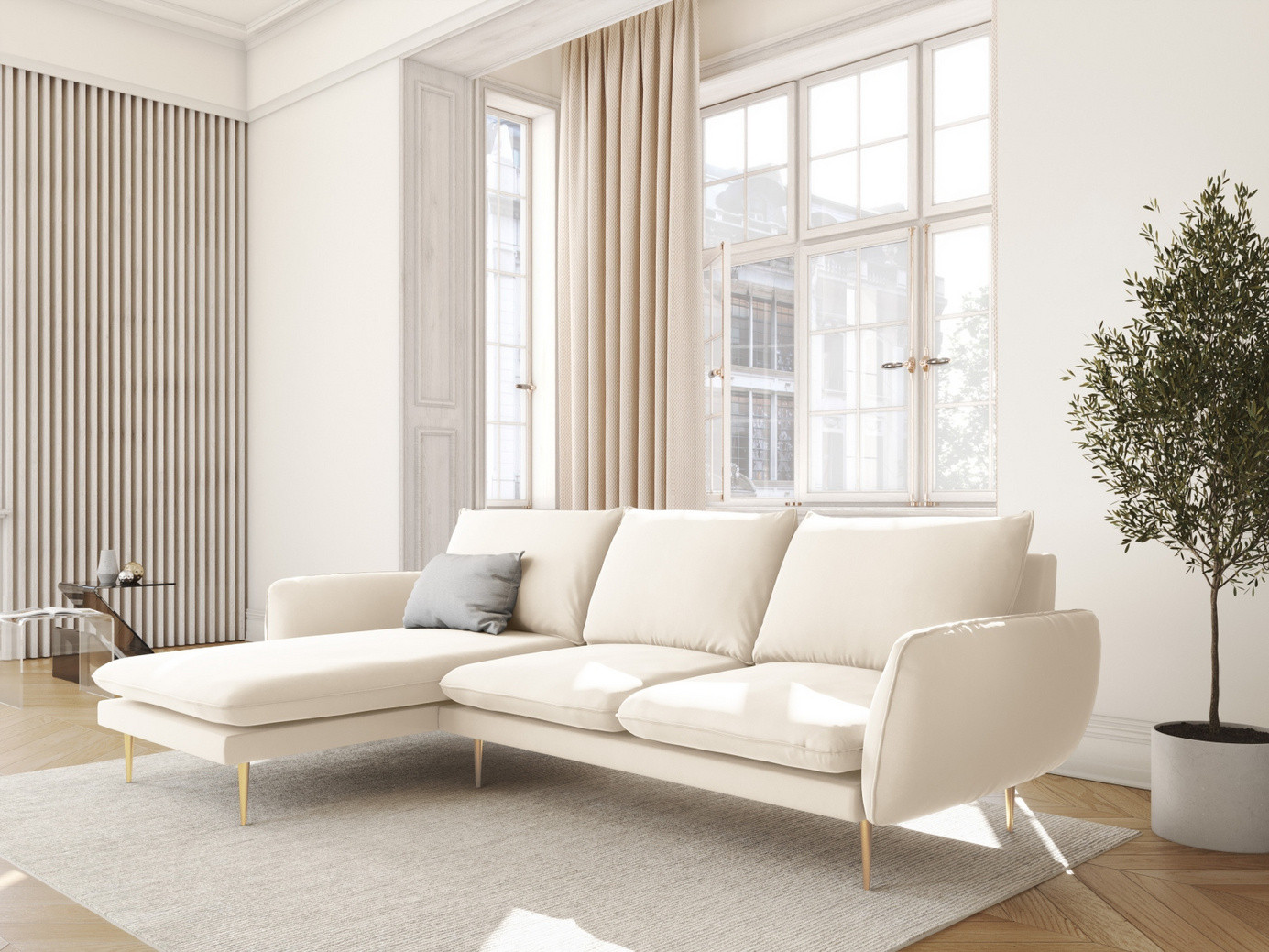Cosmopolitan Design venstrevendt velourhjørnesofa, "Vienna", 5-personers, 255 × 170 × 95 cm, Bluvel, guldfarvede metalben