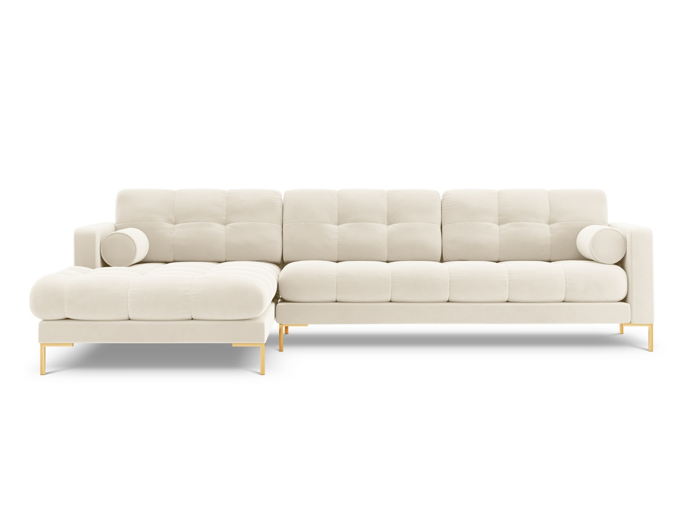 Cosmopolitan Design venstrevendt velourhjørnesofa, "Bali", 5-personers, 293 × 185 × 75 cm, Bluvel, guldfarvede metalben
