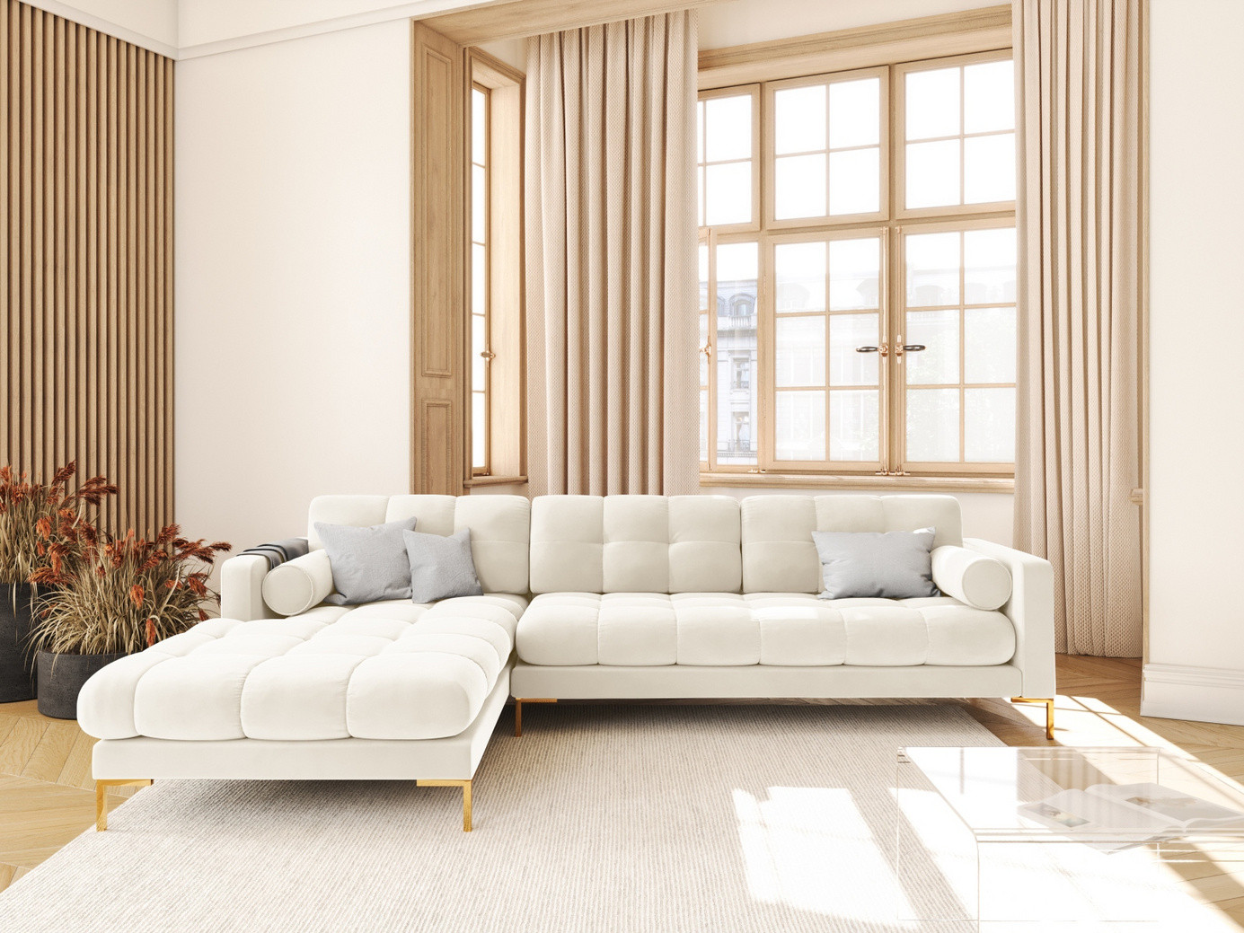 Cosmopolitan Design venstrevendt velourhjørnesofa, "Bali", 5-personers, 293 × 185 × 75 cm, Bluvel, guldfarvede metalben